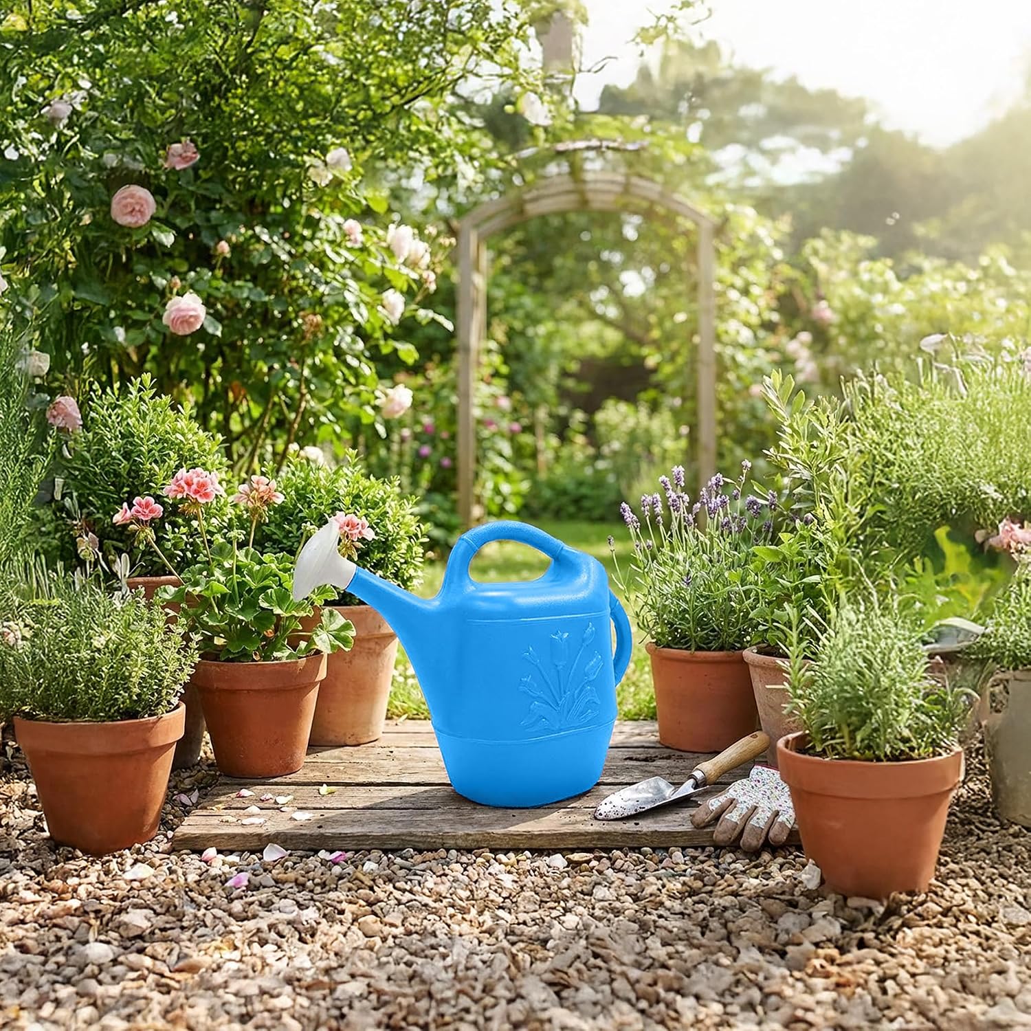 Union Products 63066 2 Gallon Plastic Indoor/Outdoor Watering Can w/Tulip Design for Garden, Potted Plants, & Patio Pots, Caribbean Blue
