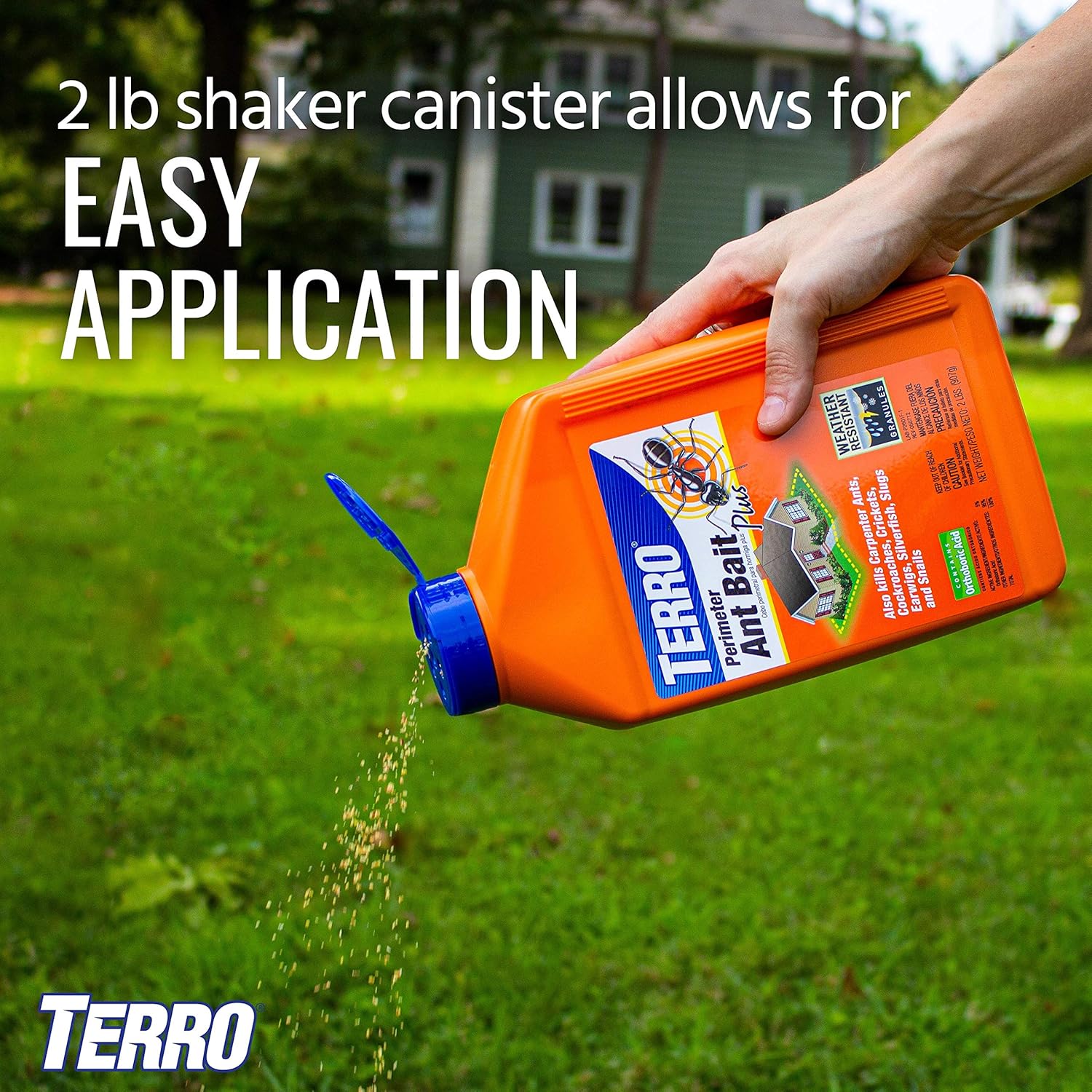 TERRO Perimeter Outdoor Ant Bait Plus, 2-Pack, 2 lb Shaker Canisters | Attracts and Kills Carpenter Ants, Roaches, Crickets, Earwigs, Silverfish, Slugs & Snails for Pest Control, 4-Week Protection