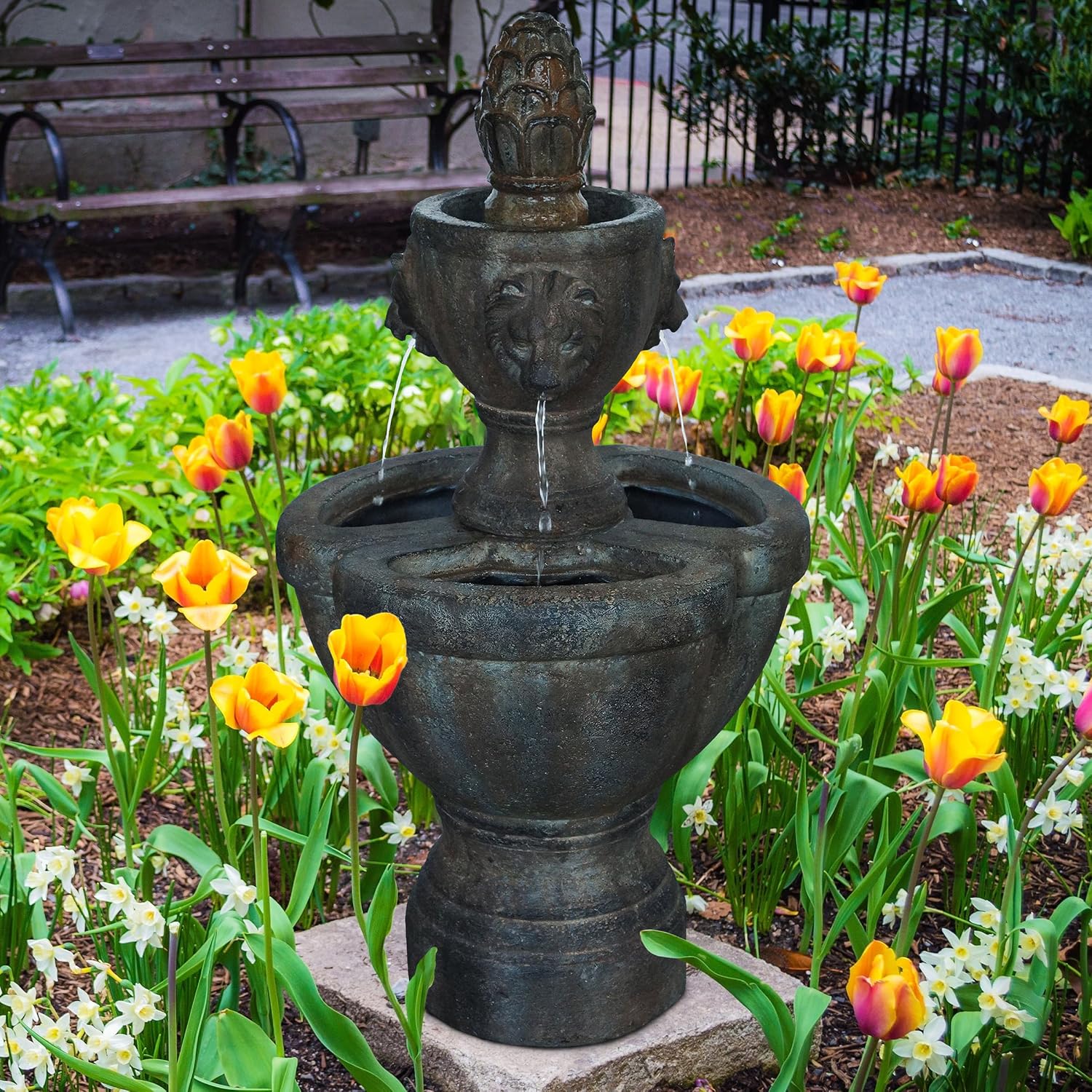 Outdoor Fountain – Polyresin 2-Tier Water Feature with Lion Head Details and Realistic Stone Appearance – Yard Art with Soothing Sound by Pure