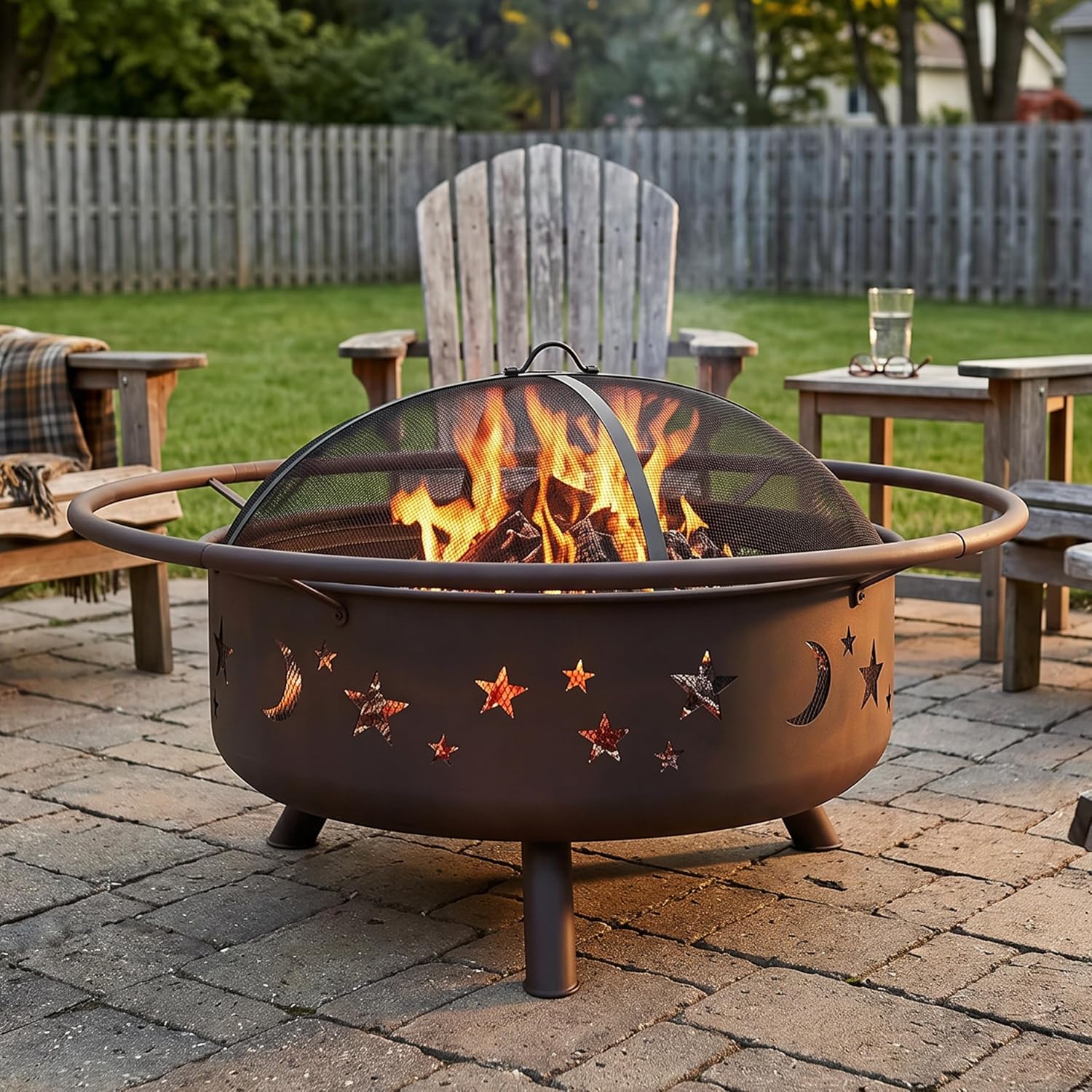 Sunnydaze Cosmic 42" Large Outdoor Fire Pit, Wood Burning, 34" Bowl Dia | Bronze, Heavy Duty Steel Metal, Includes Spark Screen, Wood Grate, & Poker, Round Backyard Firepit for Outside, Patio, Deck