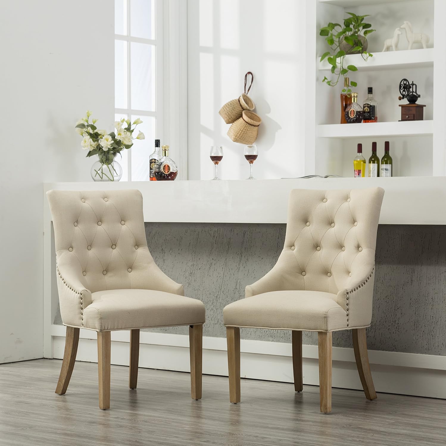 Roundhill Furniture Button Tufted Solid Wood Wingback Hostess Chairs with Nail Heads, Set of 2, Tan, White, "Tan, 24D x 22W x 39H in