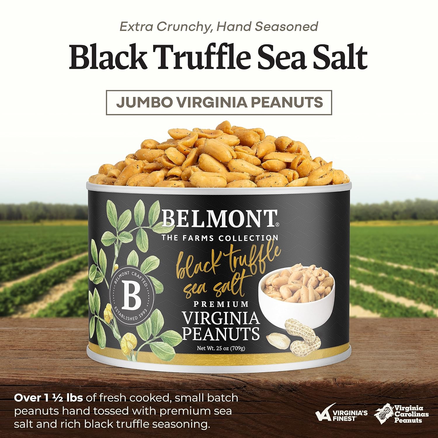 Belmont Peanuts Gourmet Sea-Salted Virginia Peanuts, 20 oz (1 Pack) – Only 3 Simple Ingredients, No Preservatives, 7g Protein – A Premium, Salty, Crunchy, Hand Seasoned Snack