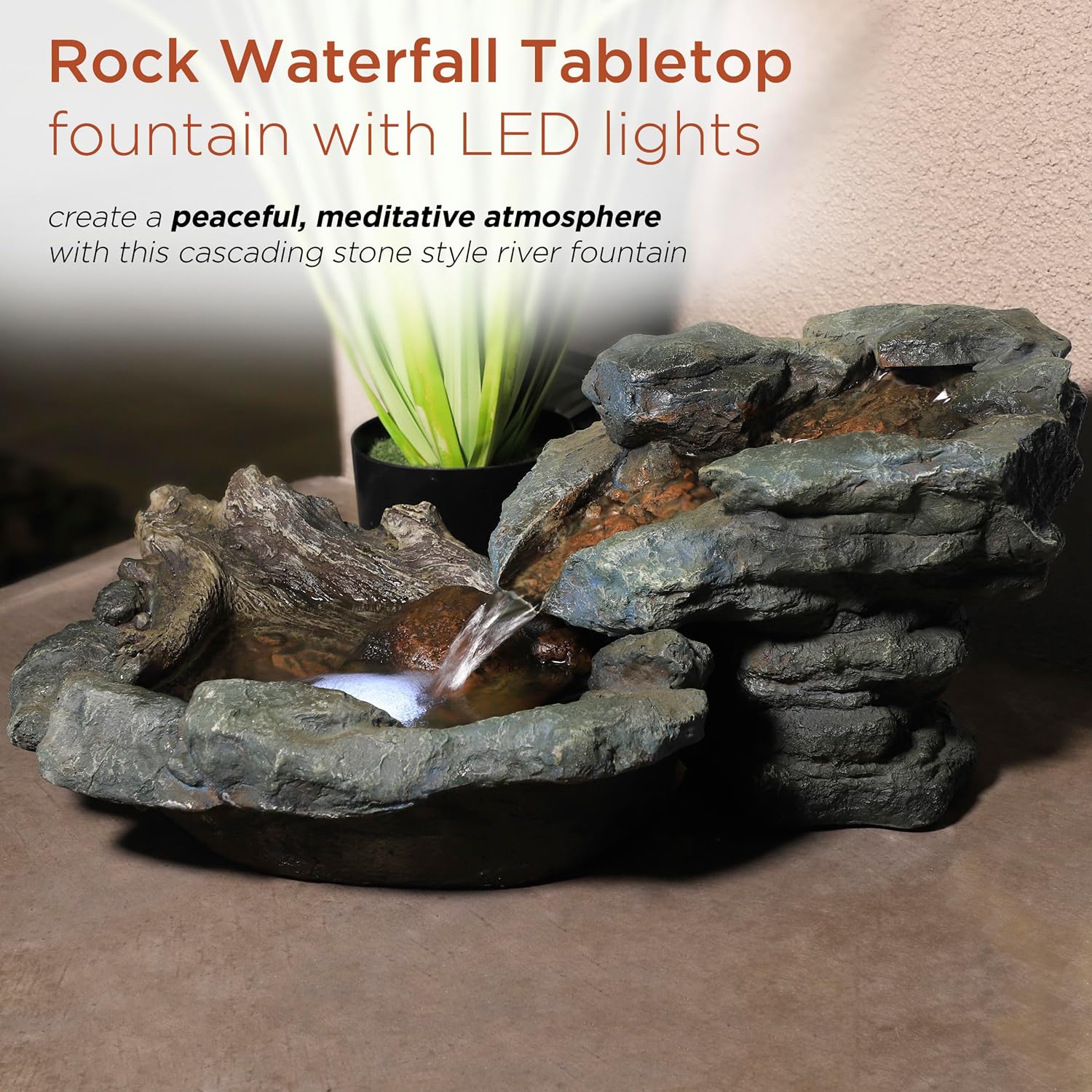Alpine Corporation 13" Tall Indoor Tabletop Water Fountain, 4 Tier Cascading Water Feature with LED Lights for Home, Office, Living Room, or Zen Decor, Gray