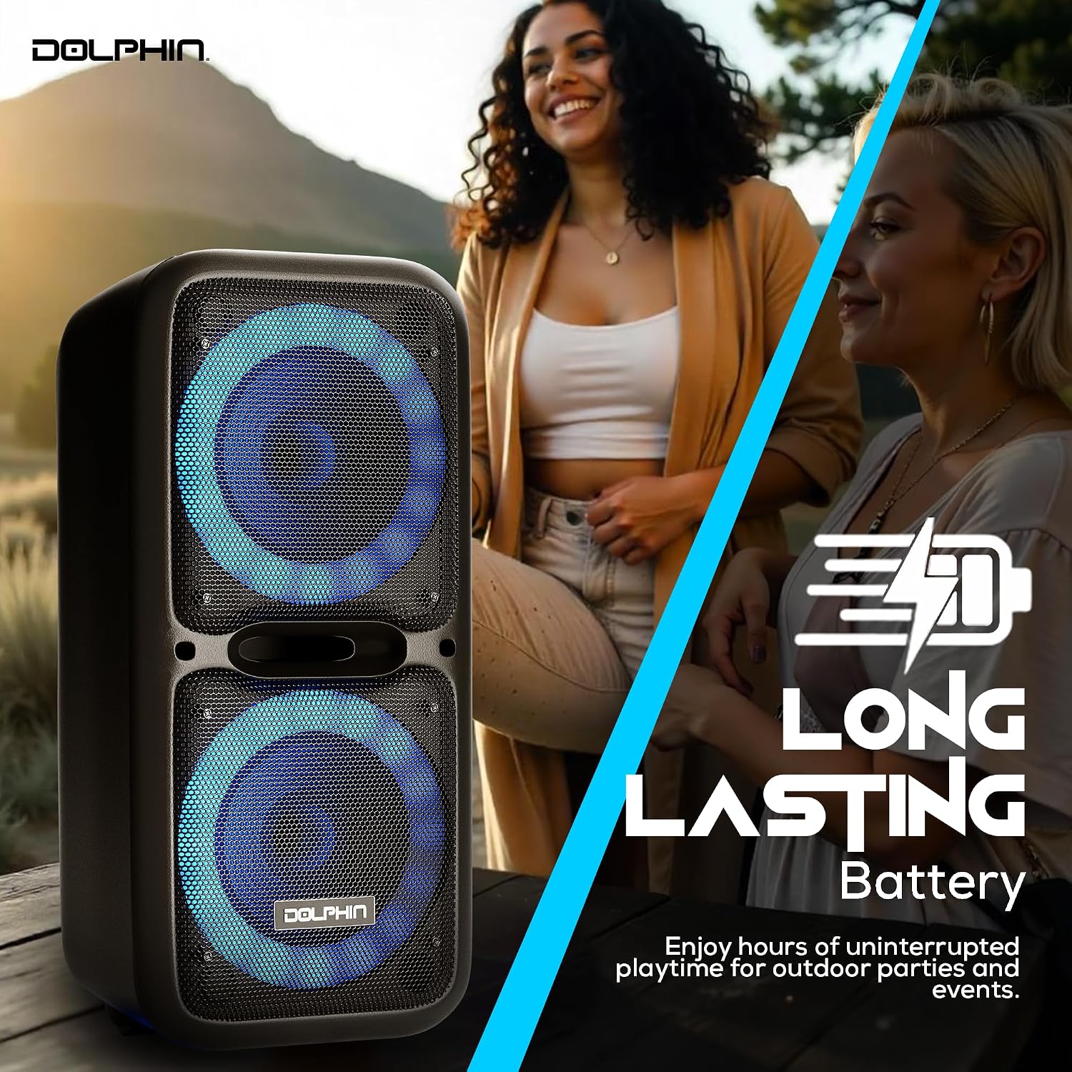 Dolphin Bluetooth Party Speaker with Wired Microphone, Dual 12" Woofers | 5-Band EQ, Hi-Fi Amplifier, Multicolor LED Lights, USB & AUX Playback