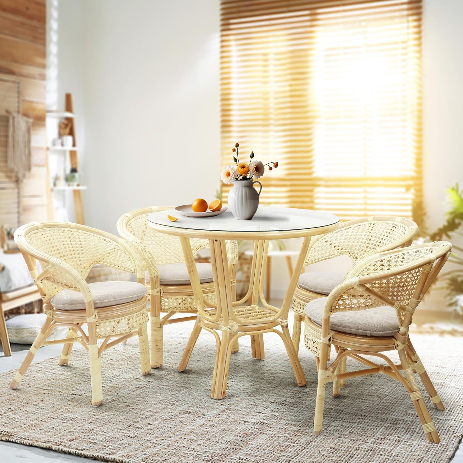 Pelangi Handmade Rattan Dining Wicker Chair Colonial Color w/Cream Cushion