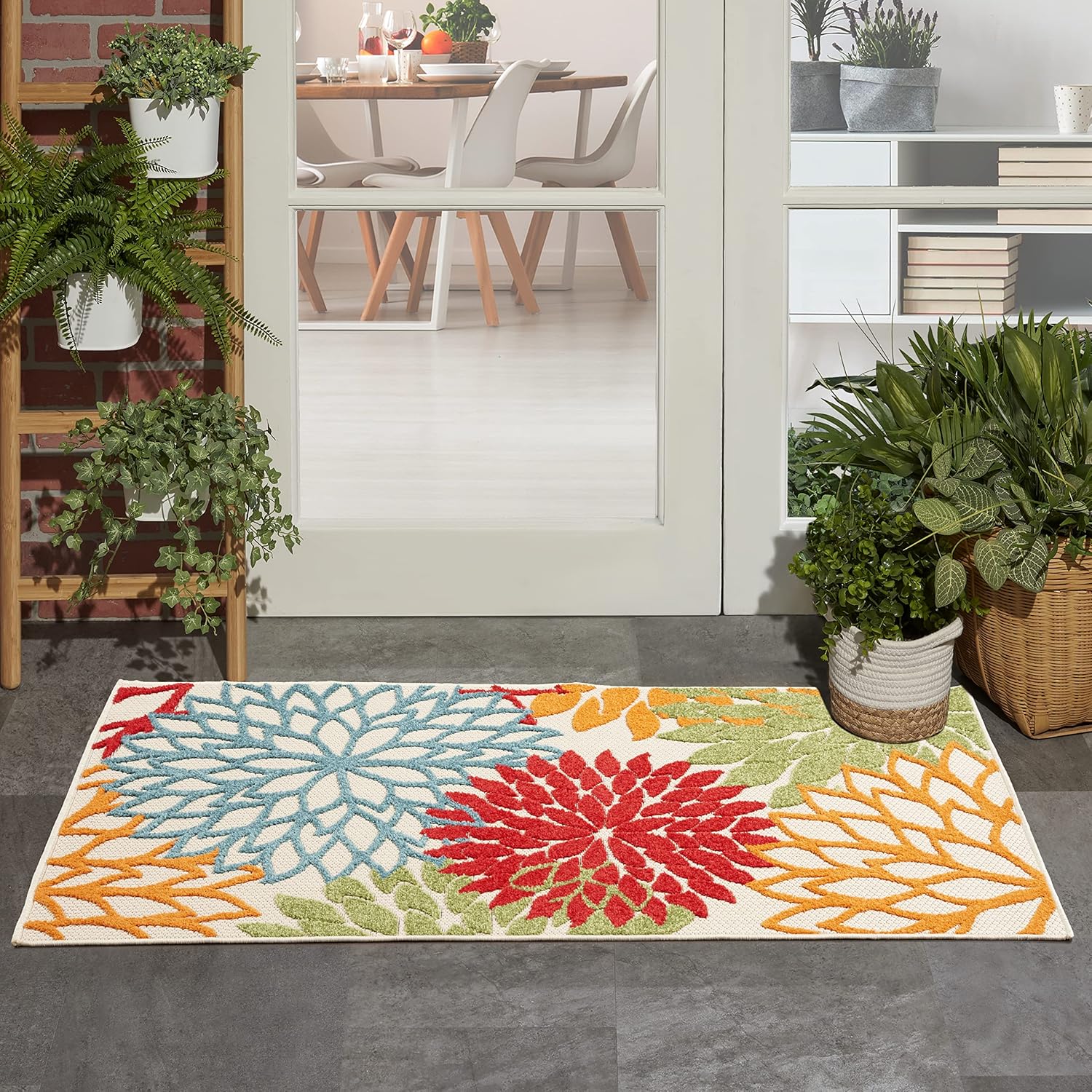 Nourison Home Aloha Indoor/Outdoor Black White 2'8" x 4' Area Rug, Tropical, Botanical, Easy Cleaning, Non Shedding, Bed Room, Living Room
