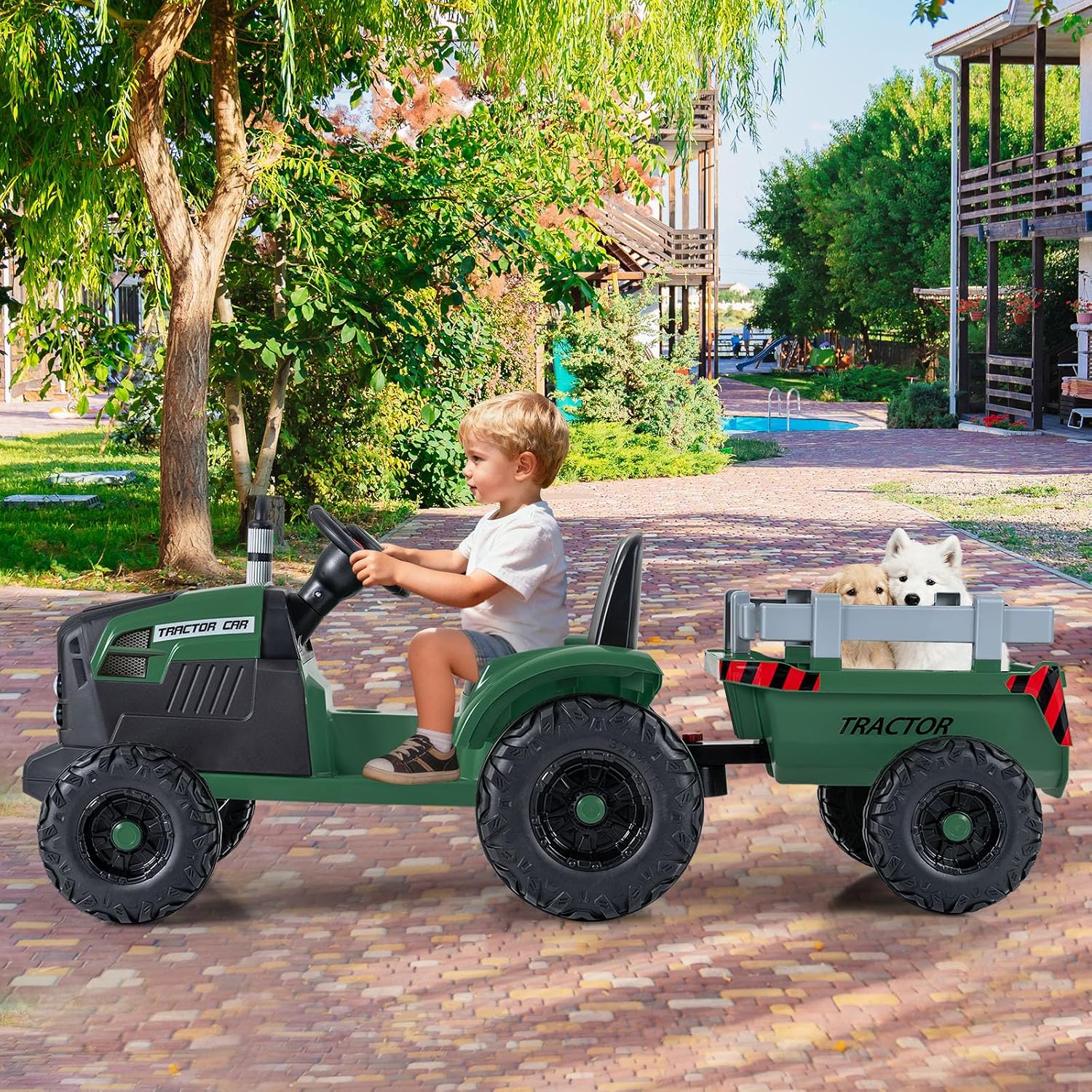 Costzon Ride on Tractor with Detachable Trailer, Kids' Electric Vehicles w/3-Gear-Shift Ground Loader, Wireless Design & USB, 7 LED Headlights