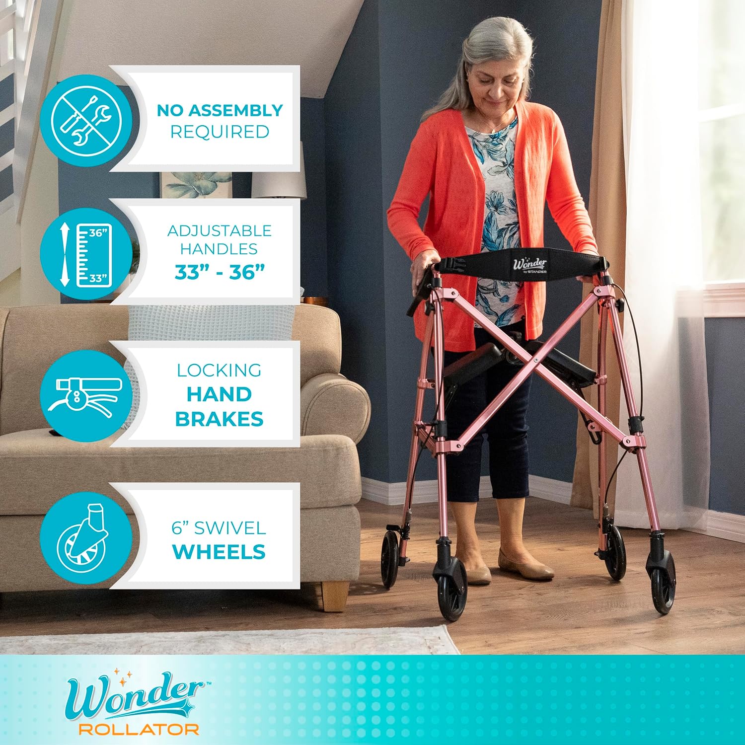 Stander Space Saver Rollator, Lightweight Folding Rolling Walker with Seat for Seniors & Adults, 4-Wheel Mobility Aid with 6-inch Wheels