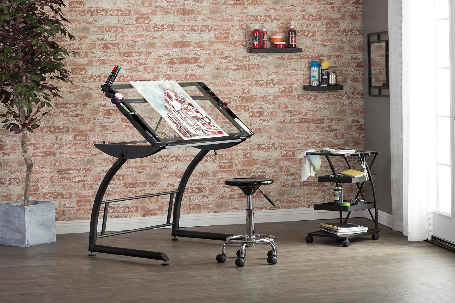 SD Studio Designs Triflex Drawing Table, Sit to Stand Up Adjustable Office Home Computer Desk, 35.25" W X 23.5" D, Charcoal Black/Clear Glass