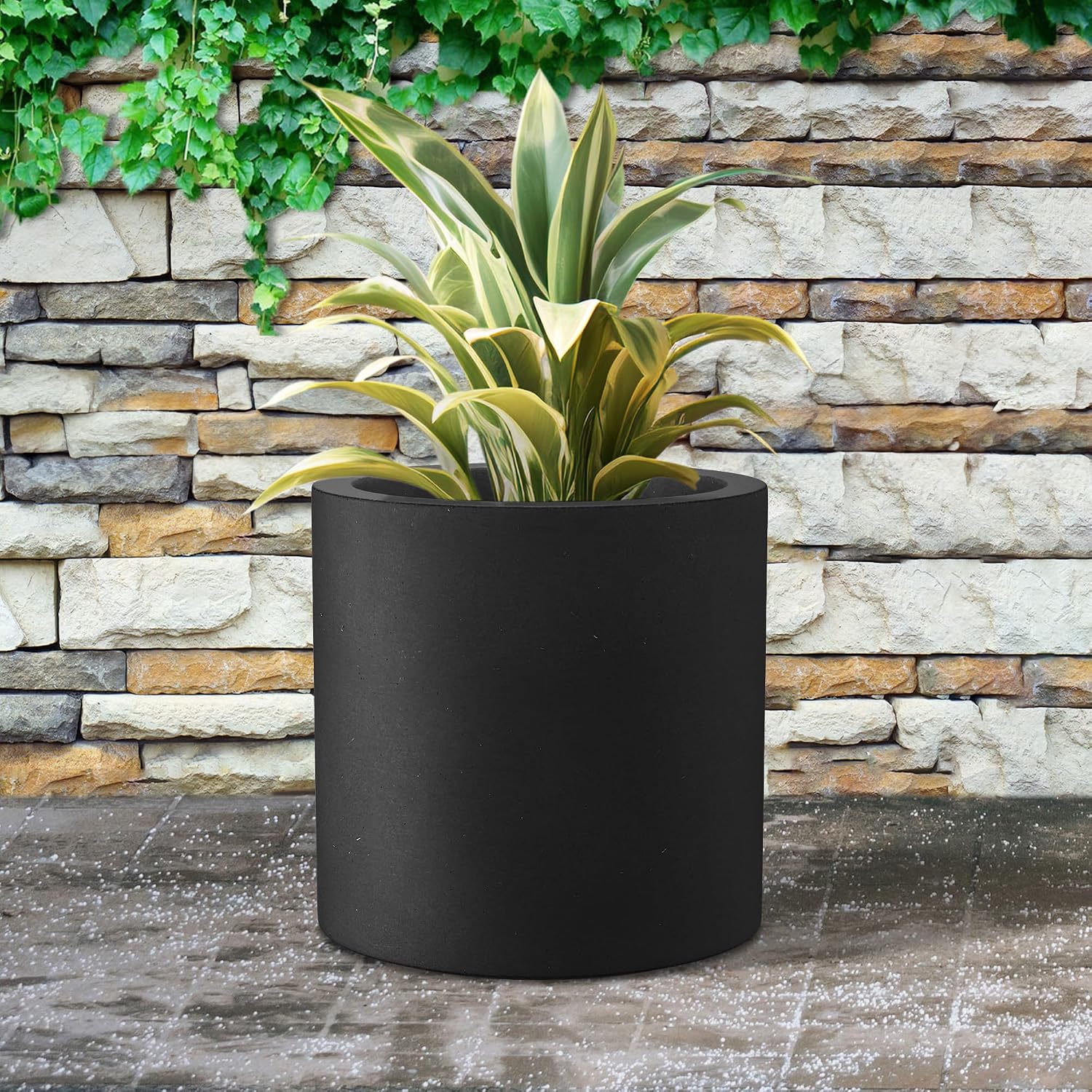 Kante Large Round Cylinder Charcoal Concrete Planter 15.8" Tall, Outdoor