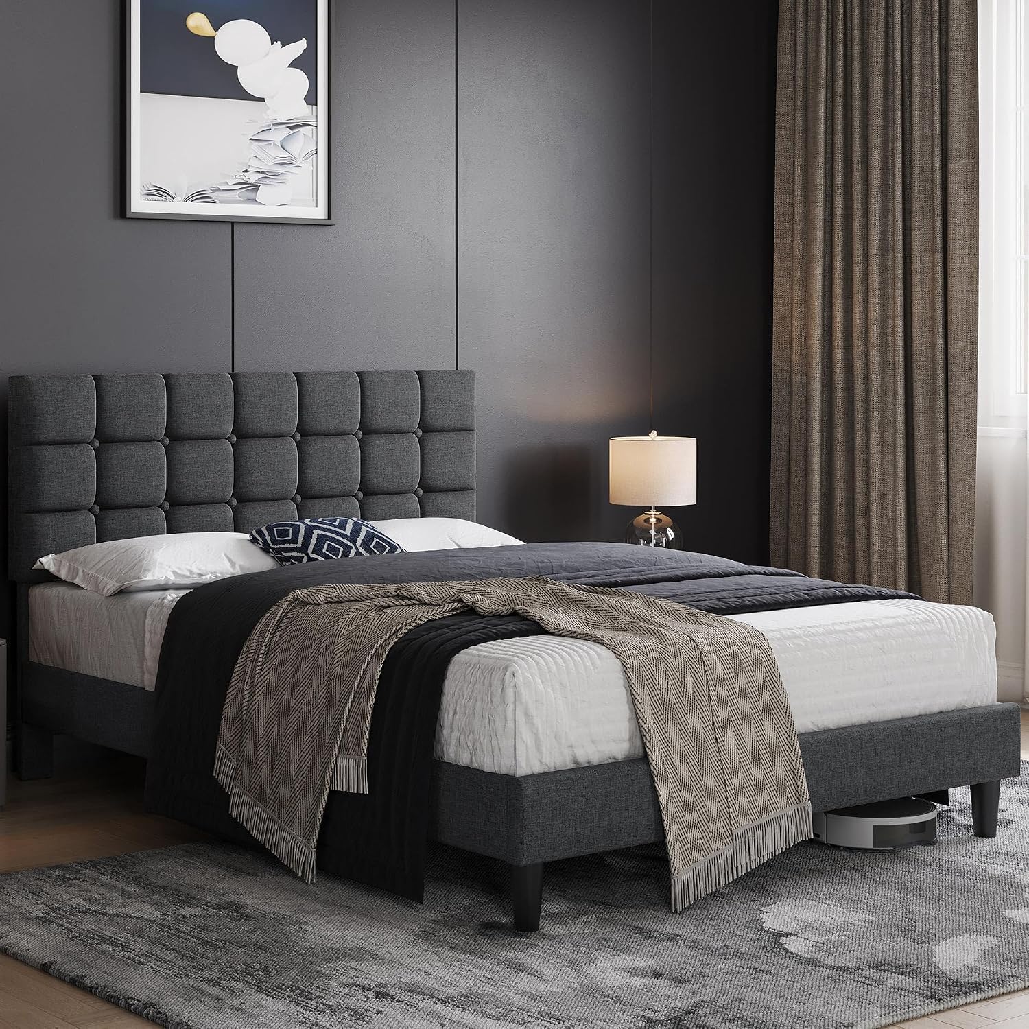 Yaheetech Full Size Upholstered Tufted Bed Frame with Headboard, Dark Gray | Sturdy engineered wood frame with linen fabric upholstery features a soft tufted headboard for easy assembly and support