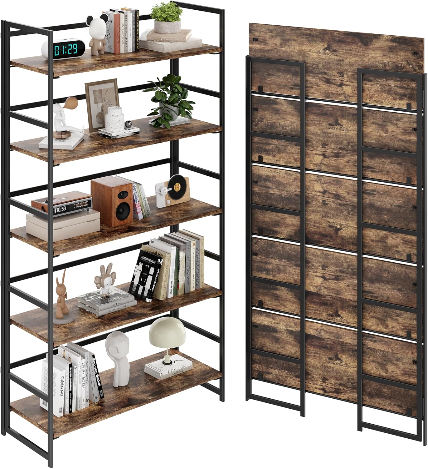 Vintage Multifunctional Folding Bookshelf, No-Assembly Plant Stand Storage Rack Shelves for Home Office (Fire, 5-Tier)