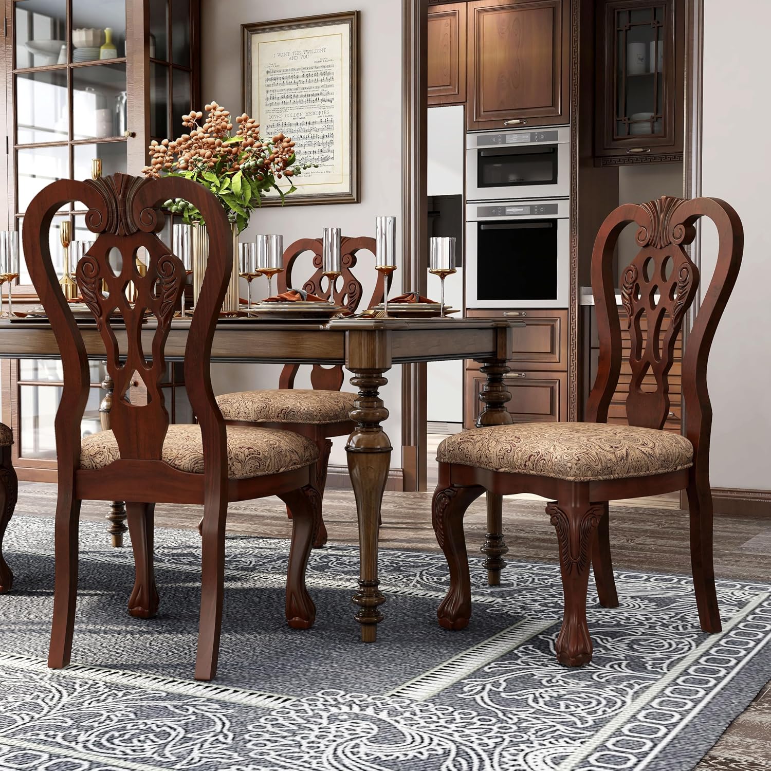 Furniture of America Madeline Traditional Solid Wood Kitchen and Dining Room Chairs Set of 2 with Pattern Fabric Upholstered, Antique Padded Side Seat