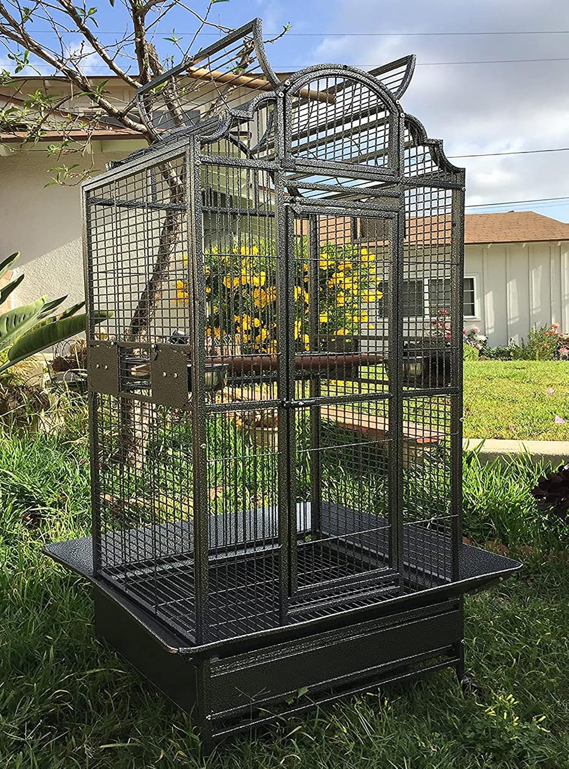 Large Elegance and Durable Wrought Iron Open Play Top Stand Bird Parrot Rolling Cage, Include Metal Seed Guard Solid Metal Feeder Nest Door (White Vein, 24.0" L x 22.0" W x 63.0" H)