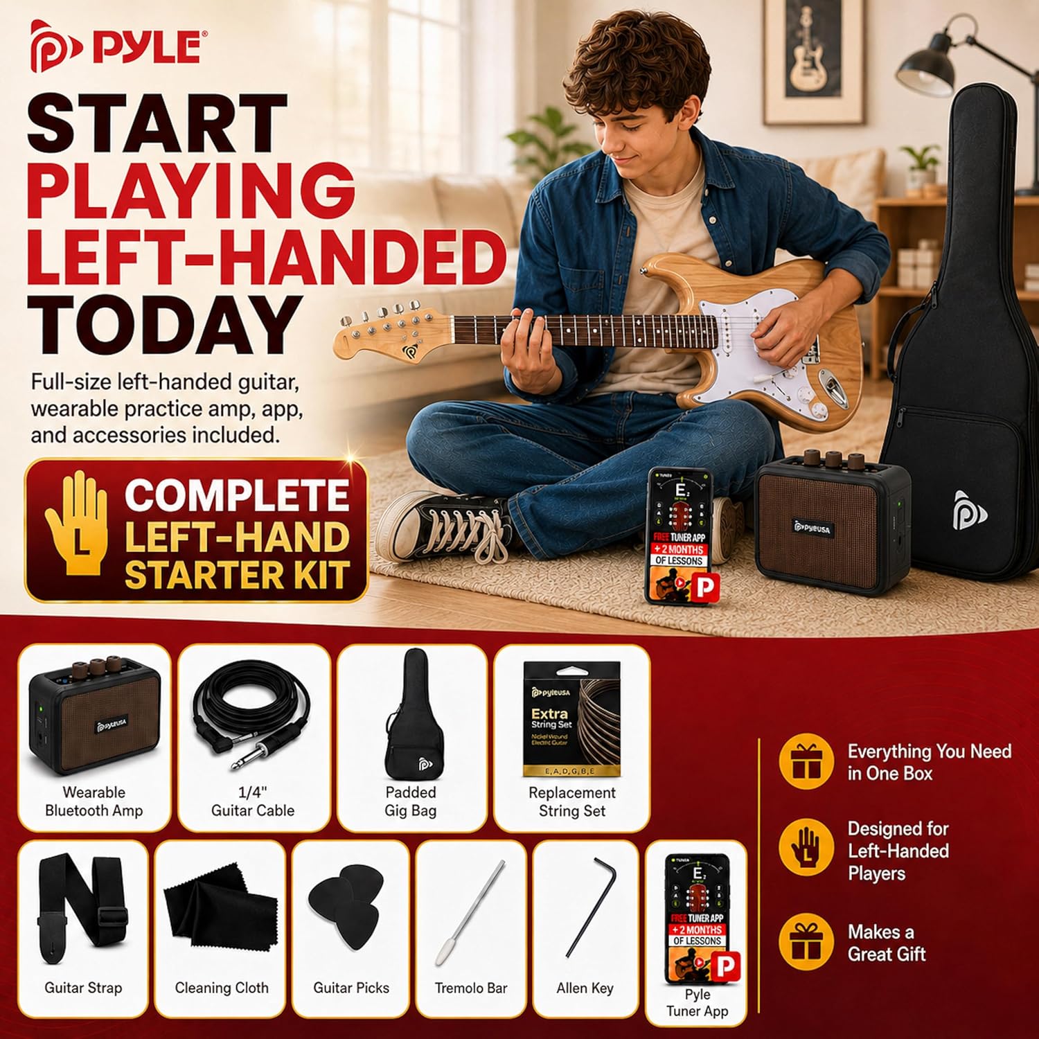Pyle Electric Guitar and Amp Kit - Full Size 39" Complete Starter Kit with Wearable Bluetooth Amplifier, 1/4” Cable, Carry Case, Strap, Strings, Picks, Cleaning Cloth, ST-Style Pickups (Black)