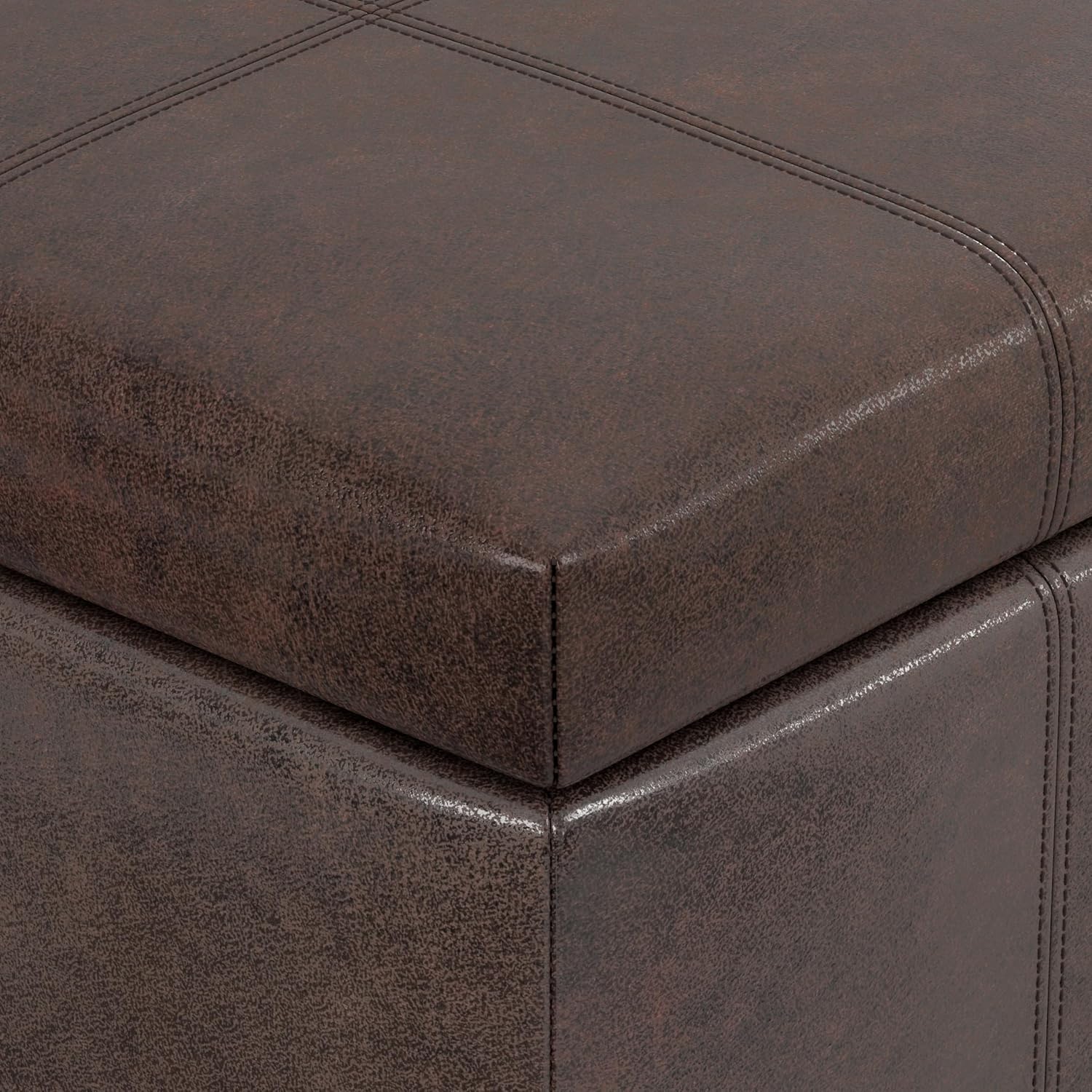 SIMPLIHOME Dover 36" Wide Vegan Leather Storage Ottoman in Midnight Black | Distressed umber brown, contemporary ottoman with lift-top and safety hinges; rectangle storage bench for living room.