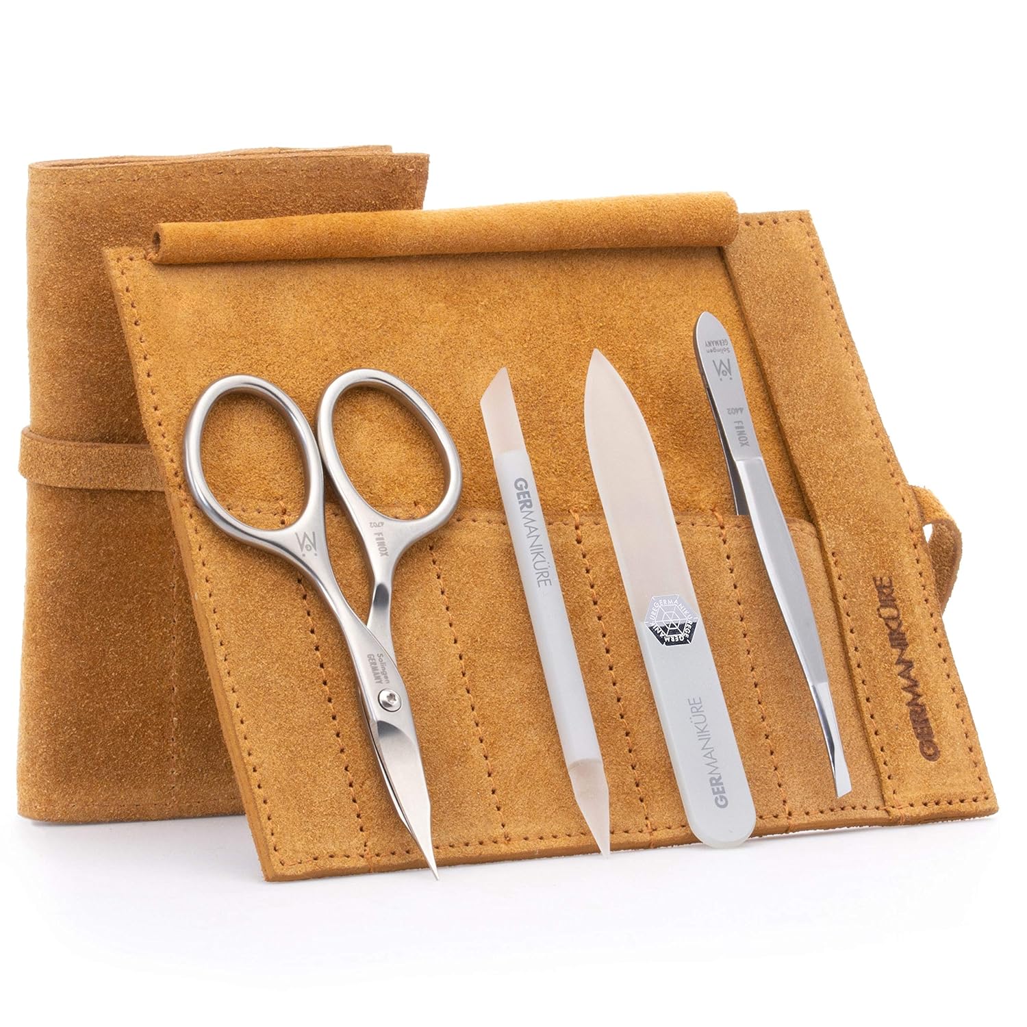 GERMANIKURE 4pc Manicure Nail Care Kit, Solingen Germany, Yellow Suede Roll