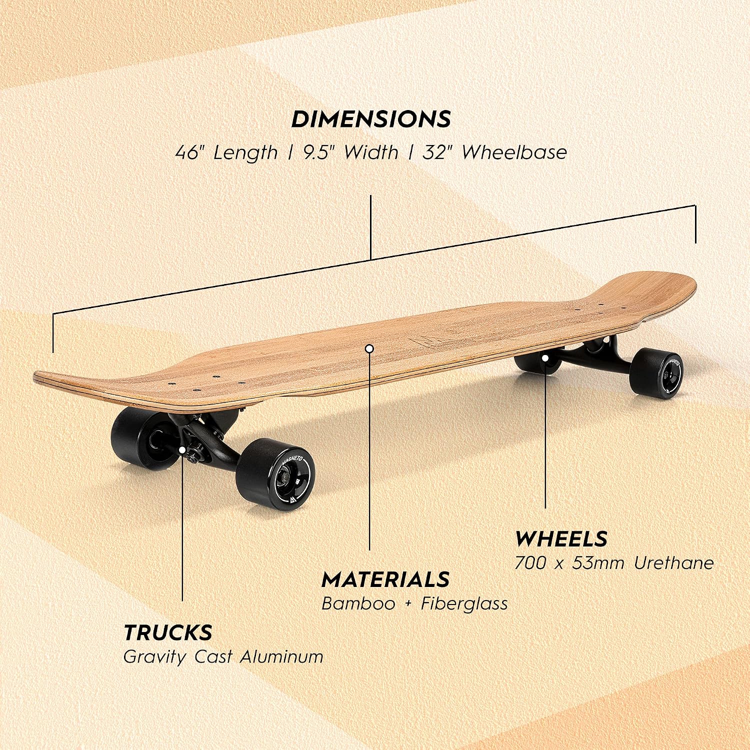 Magneto Dancer Longboard Skateboard - Smooth Carbon Fiber Cruiser Board - Kicktail Longboard Deck for Tricks, Smooth Turns - 46" x 9.5", Bamboo