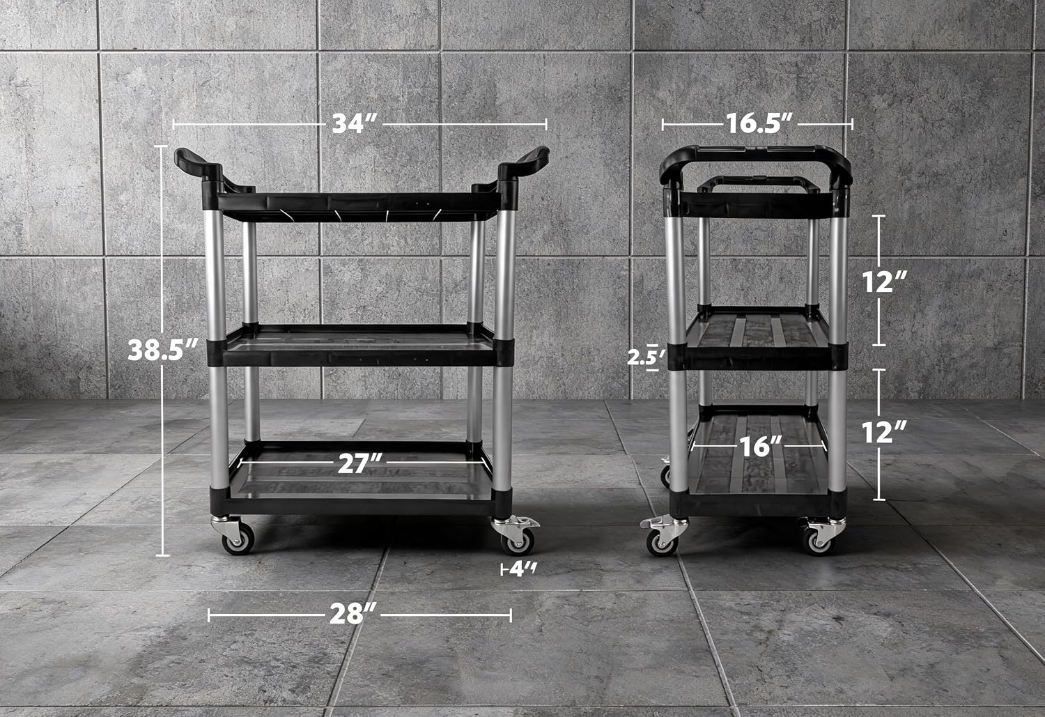 Commercial 3-Shelf Rolling Service Utility Cart | Capacity 390 lbs. | 37" x 34" x 16" | Black