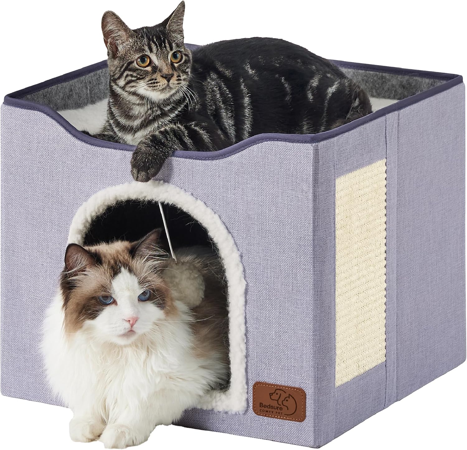 Bedsure Cat House Bed for Indoor Cats with Fluffy Ball and Scratch Pad,Grey