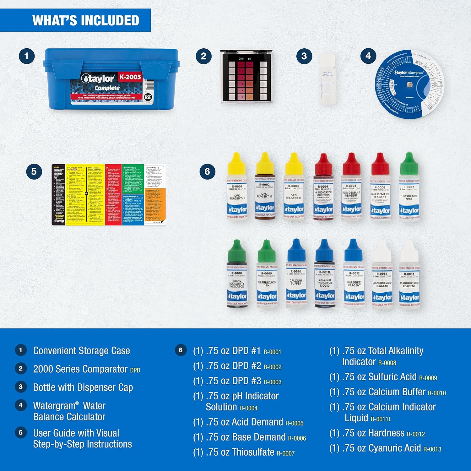 Taylor Technologies K-2005 DPD, 9-in-1 Complete Pool Test Kit for Free & Total Chlorine, Total Bromine, pH, Acid & Base Demand, Total Alkalinity