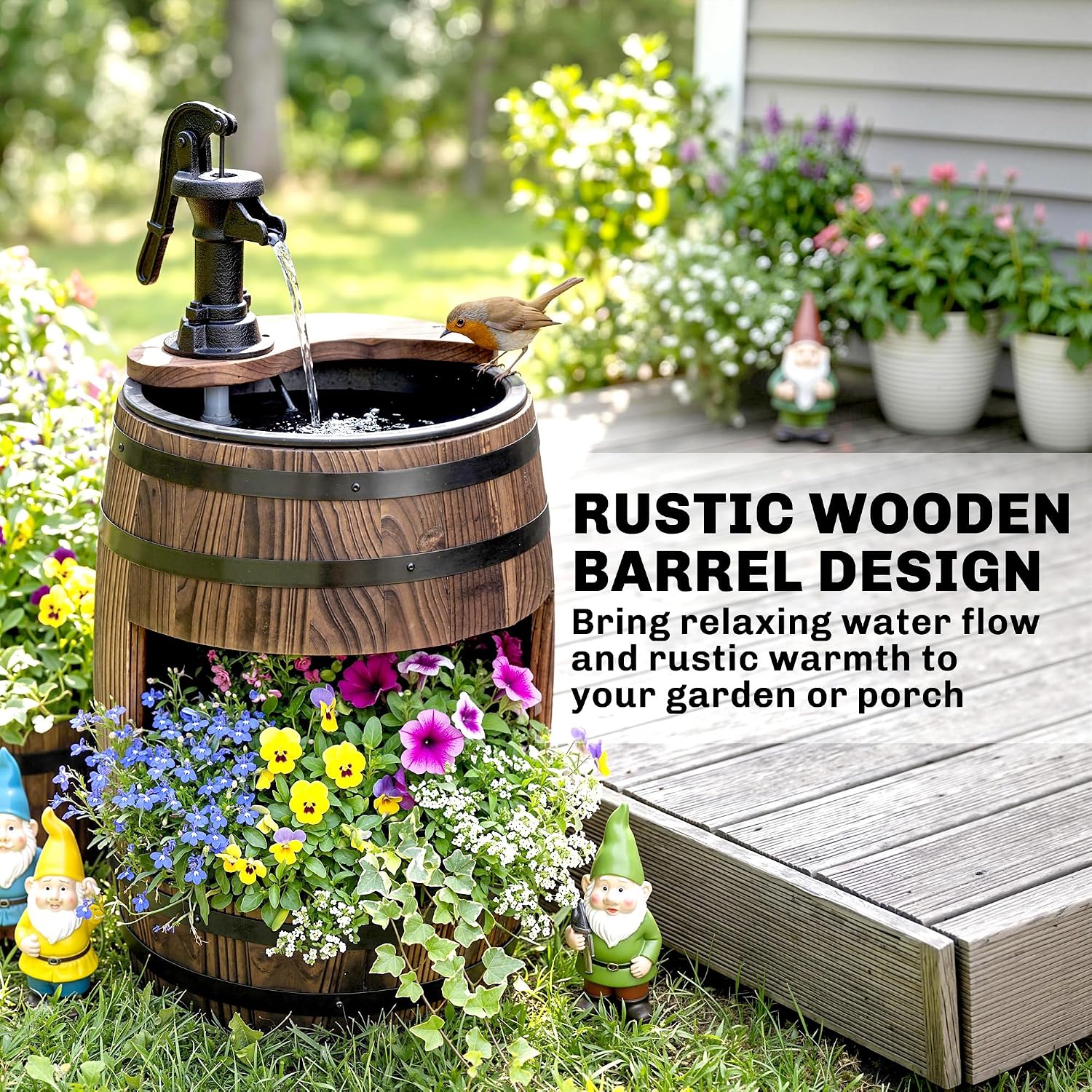 Outsunny 23" H Outdoor Water Fountain Wood and Plastic Rustic Apple Barrel | Pump, Garden Decor, Outside Backyard