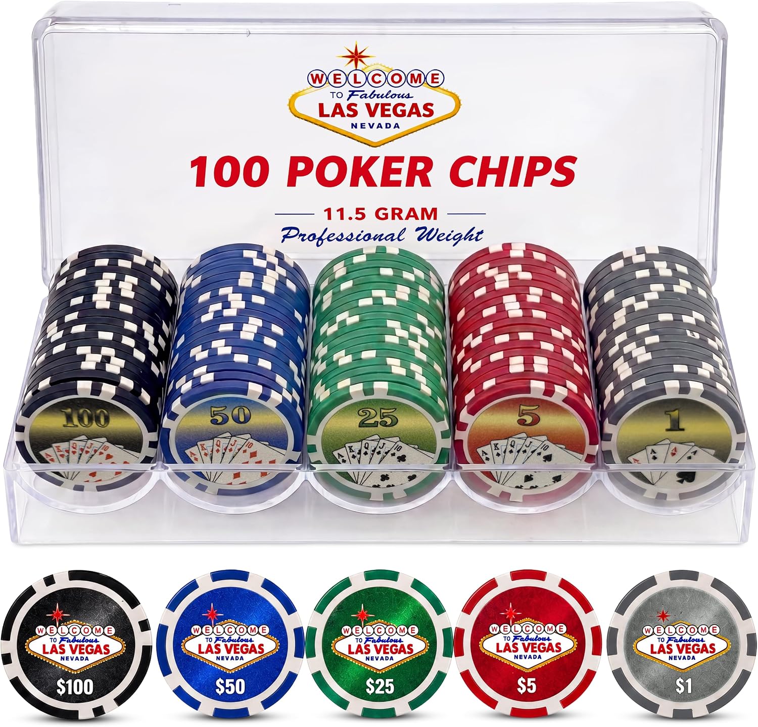 100 Piece Las Vegas Design Poker Chips in Clear Plastic Tray
