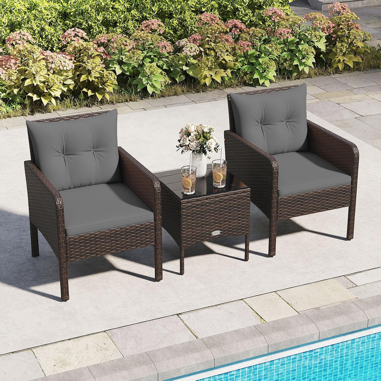 Tangkula 3 Piece Outdoor Patio Furniture Set, Wicker Chairs Set with Glass Top Coffee Table, Thick Cushions