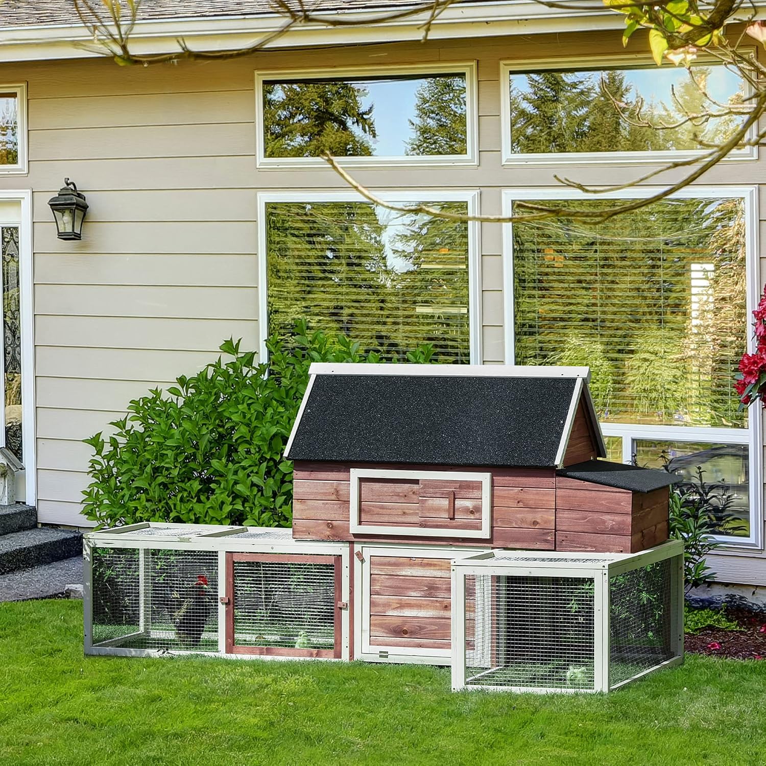 PawHut 114" Chicken Coop Wooden, Customizable Outdoor Chicken Cage Poultry Hen House with Nesting Box, Double Runs, Asphalt Roof, Ramp