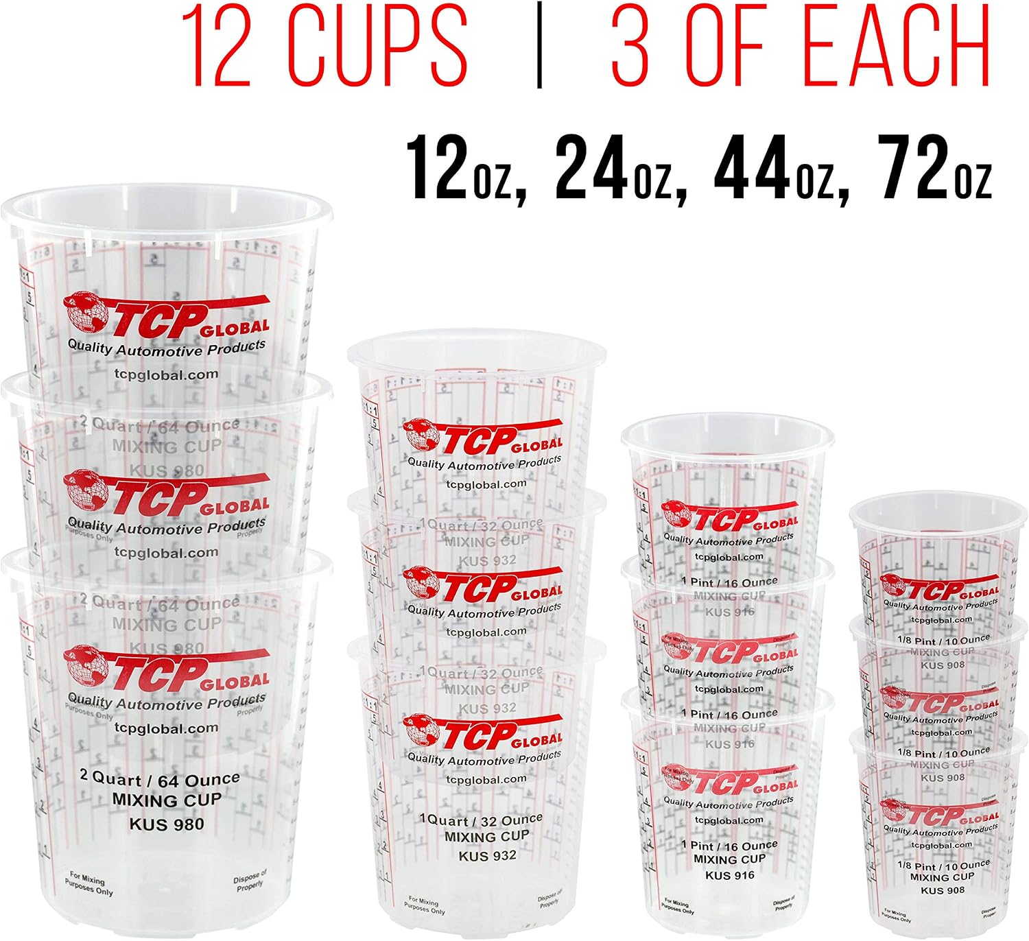 Pouring Masters Paint Mixing Cup Kit, 12 Plastic Paint Cups, 3 of Each Size