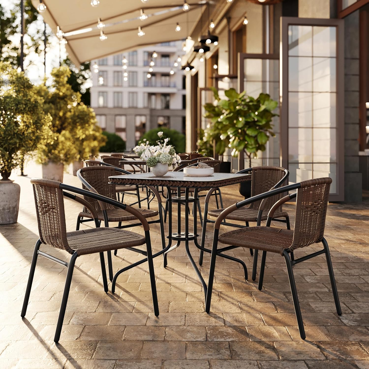 Flash Furniture Lila Modern Rattan Indoor/Outdoor Stackable Dining Chairs, Stacking Rattan Bistro Chairs for Patio or Restaurant, Set of 4, Brown | Commercial Grade, Indoor/Outdoor Use
