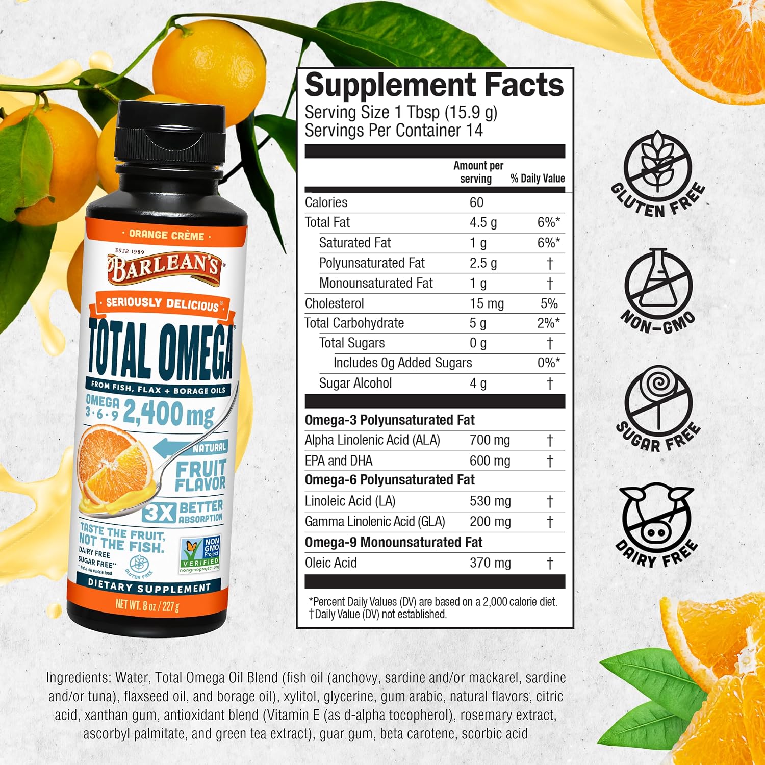 Barlean's Total Omega 3 6 9 Orange Crème Liquid Fish Oil Supplement with Borage and Flaxseed Oil, 2,400 mg of Omegas EPA and DHA Plus GLA for Joint and Heart Health, 8 oz | Fish, borage & flax oils, EPA DHA ALA GLA omegas, Burpless, Non-GMO, Gluten-free,…