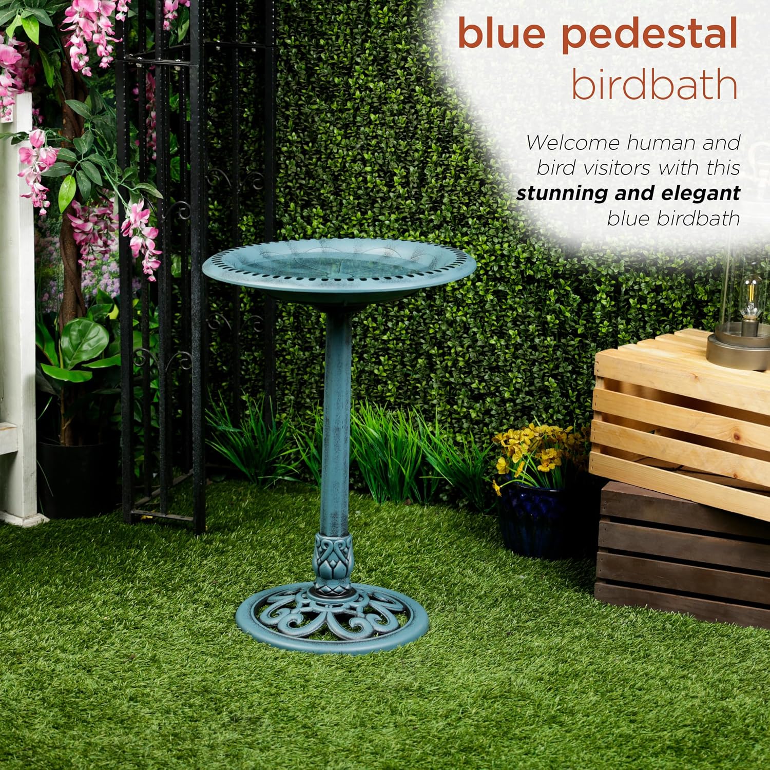 Alpine Corporation TEC116 Outdoor Aged Green Pedestal Birdbath with Scrollwork, 28" Tall, Green