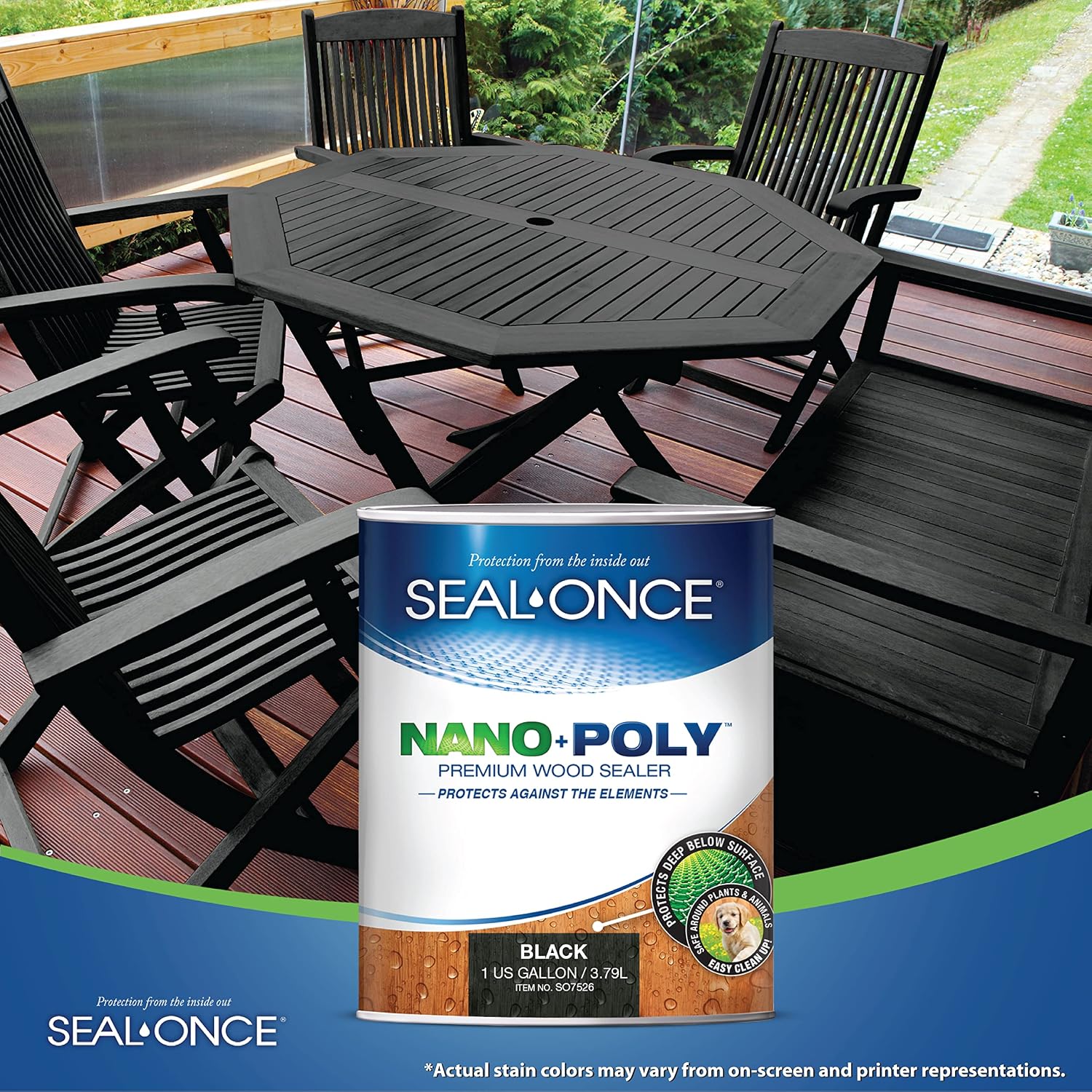 Seal-Once Nano+Poly Wood Sealer and Waterproofer, Clear, 1 Gallon | With Polyurethane, Water-based, Low-VOC, Waterproofer & Stain, For Decks, Fences & Log Homes