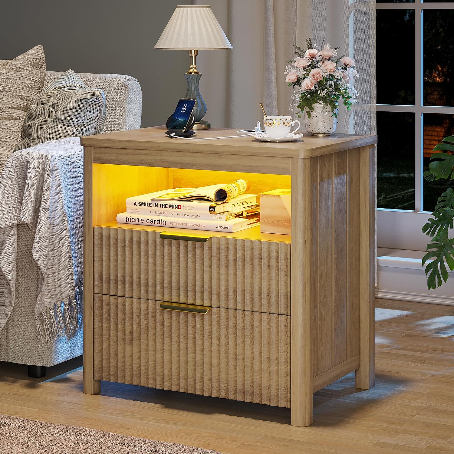 Farmhouse Nightstand with Lockable Hidden Drawer, Human Sensor LED Bedside Table with LED Lights & Charging Station, Rustic Wood Sofa Side End Table with 3 Drawers for Bedroom (Black)
