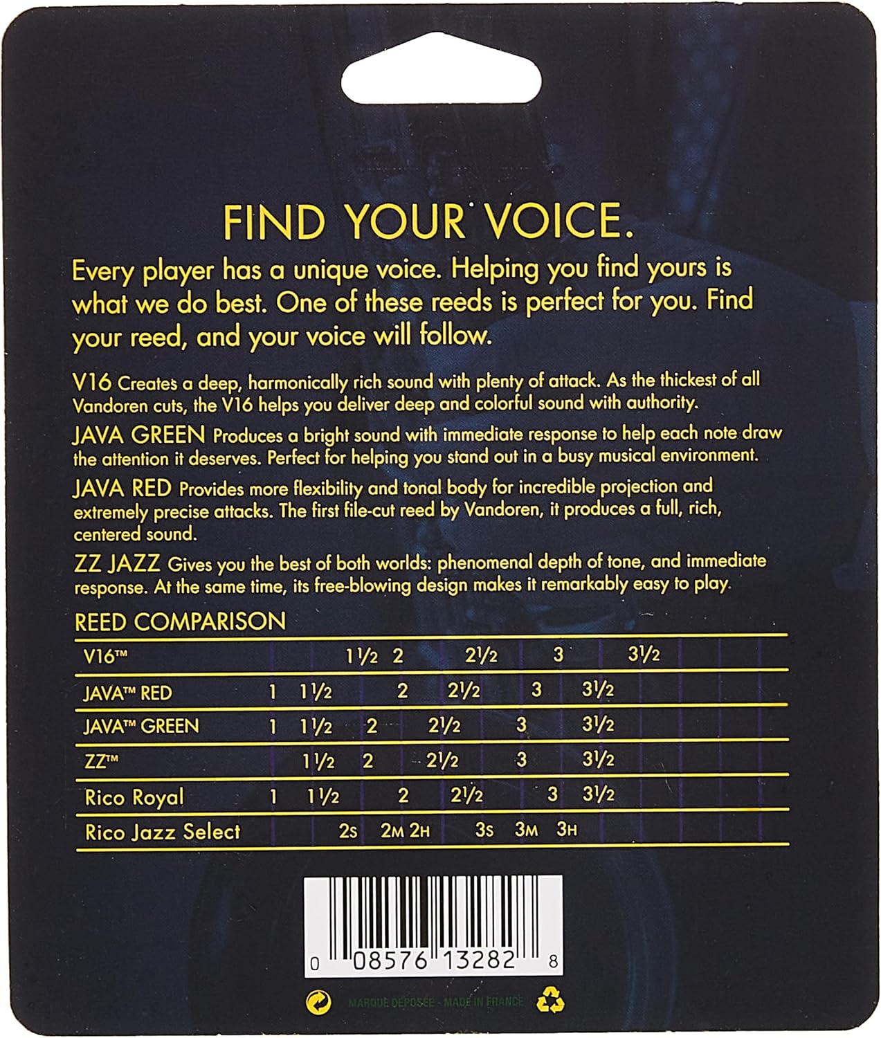 Vandoren SRMIXA3 Alto Sax Jazz Reed Mix Card includes 1 each ZZ, V16, JAVA and JAVA Red Strength 3
