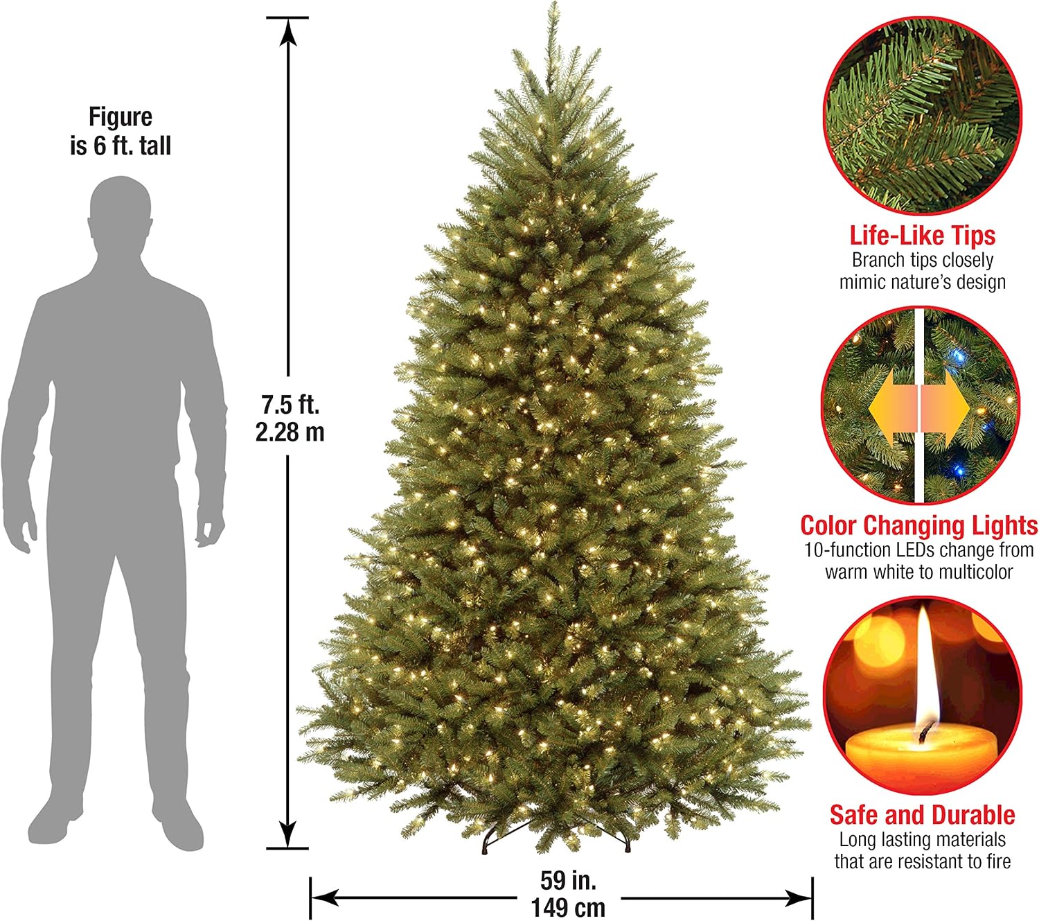 National Tree Company 7.5ft Pre-Lit Dunhill Fir Artificial Christmas Tree | 700 LED Lights, 10 Light Functions, 2,514 Tips, Foot Pedal, Includes Stand, Green