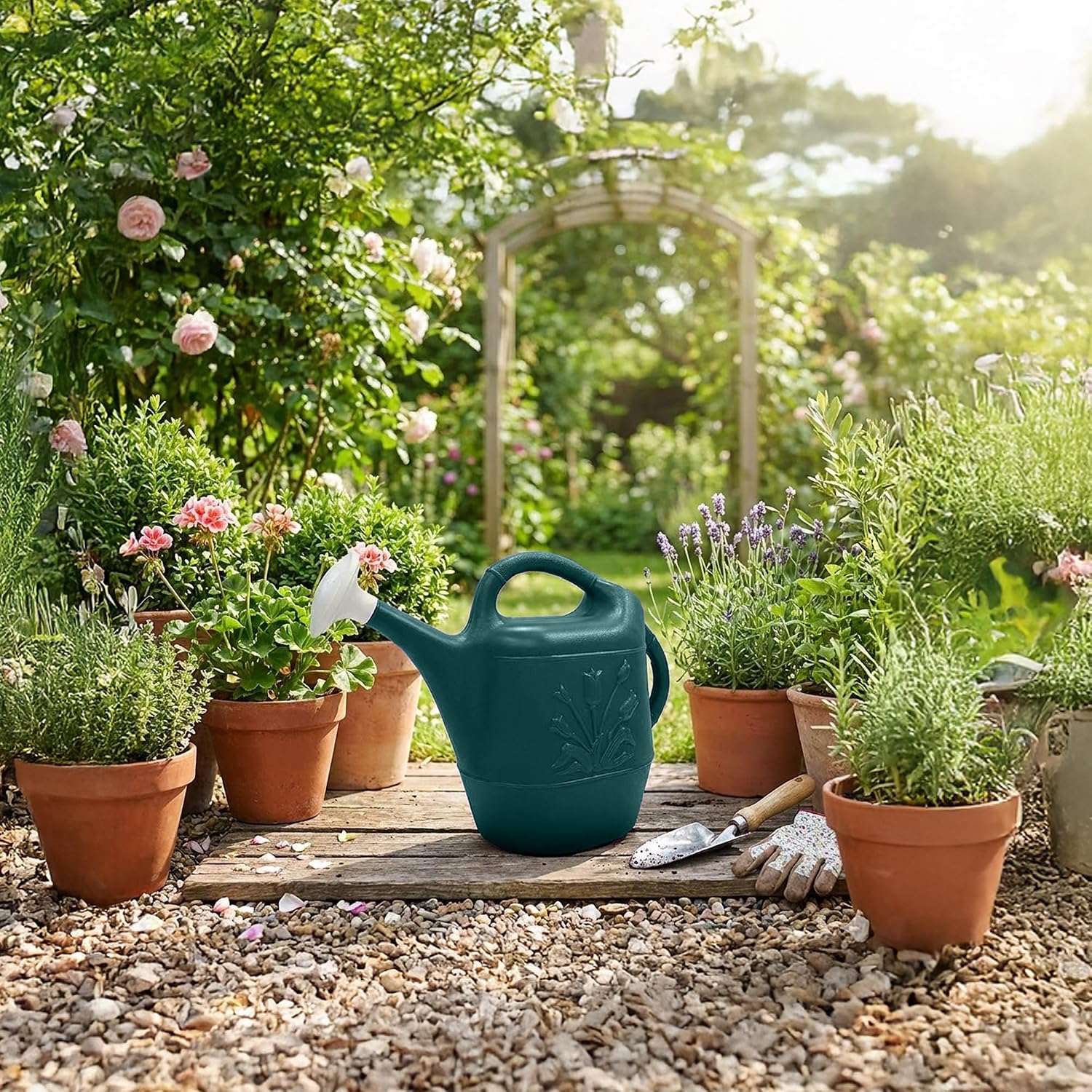 Union Products 63066 2 Gallon Plastic Indoor/Outdoor Watering Can w/Tulip Design for Garden, Potted Plants, & Patio Pots, Caribbean Blue