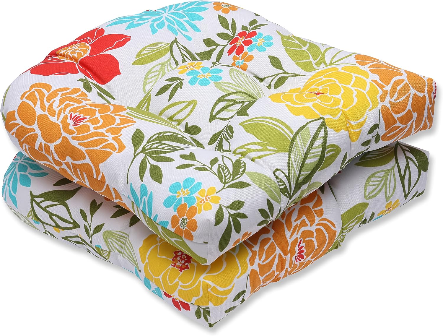 Pillow Perfect Bright Floral Indoor/Outdoor Tufted Wicker Seat Cushion, 2 Count, 19" x 19", Blue/Tan Telfair Peacock