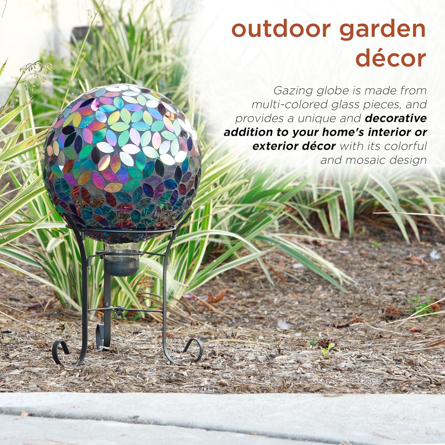 Alpine Corporation 10" Diameter Indoor/Outdoor Glass Mosaic Gazing Globe Yard Decoration, Purple Pearlized Petals Design