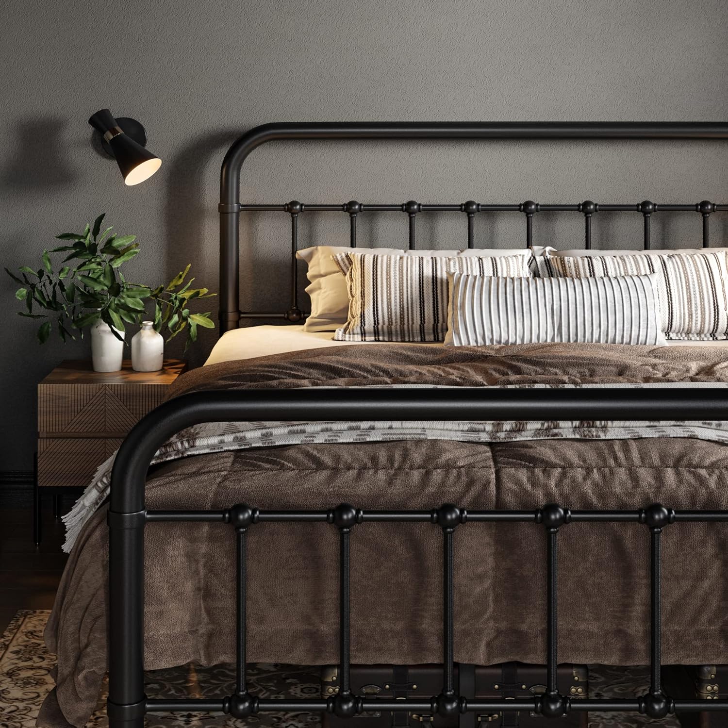 Allewie Queen Metal Bed Frame with Victorian Iron-Art Headboard, Black | Victorian Style Wrought Iron-Art Headboard/Footboard, Easy Assembly