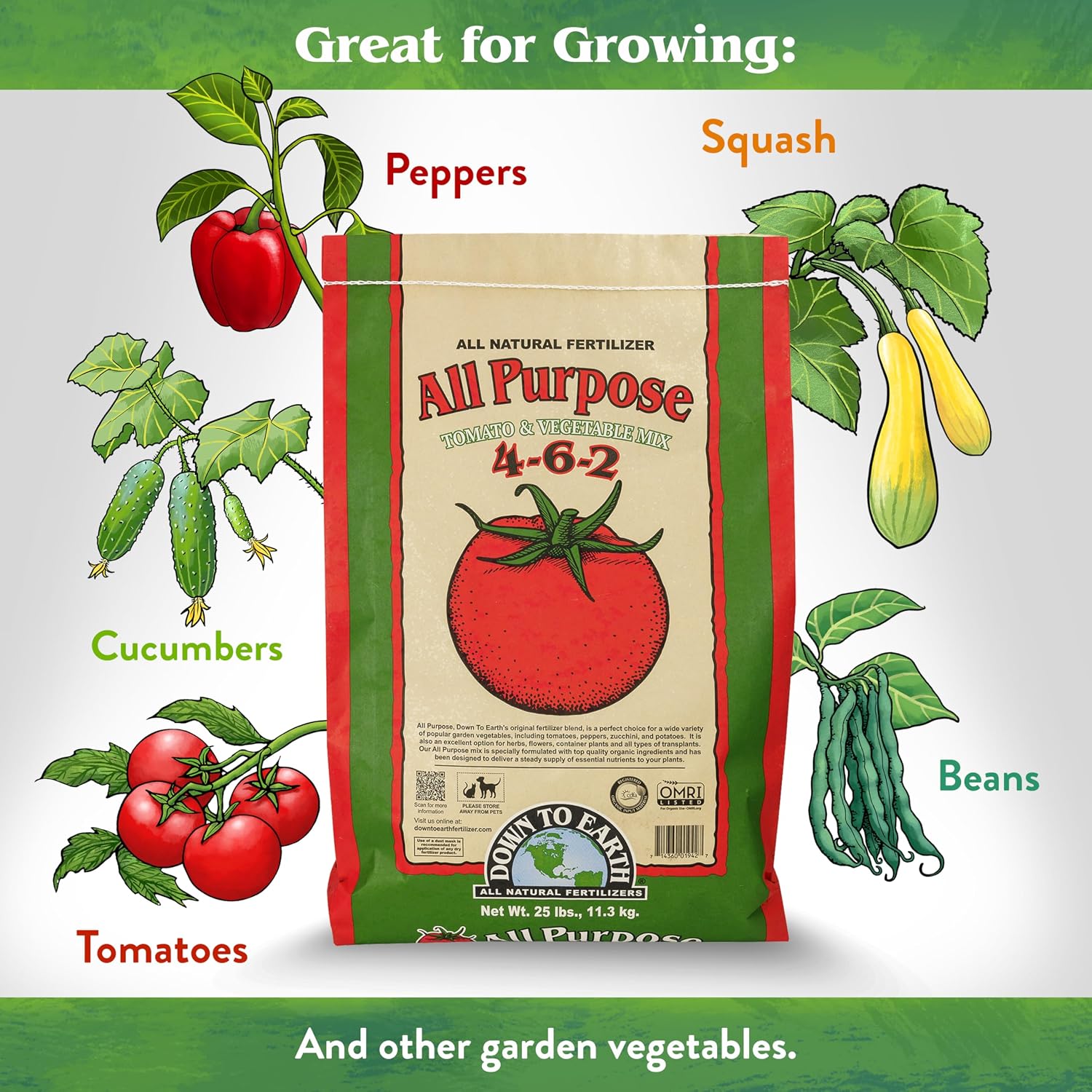 Down To Earth All Natural Fertilizers Organic All Purpose - 4-6-2, 25 lb | Plant Food for Tomatoes, Peppers, Eggplant, Squash, Herbs, Flowers