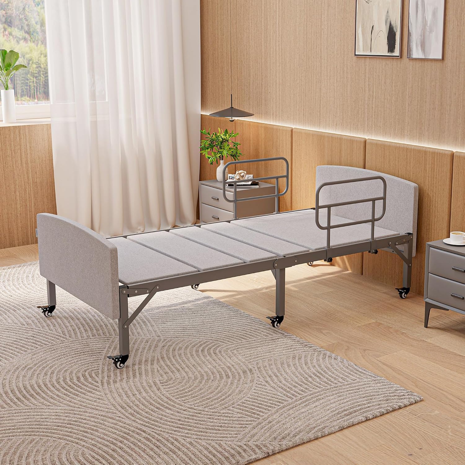 Adjustable Hospital Bed for Home Use with Hospital Mattress | Wooden Bed Deck, Headboard & Footboard, Wireless Remote, Mobility Support, Locking Casters,750 LBS Capacity