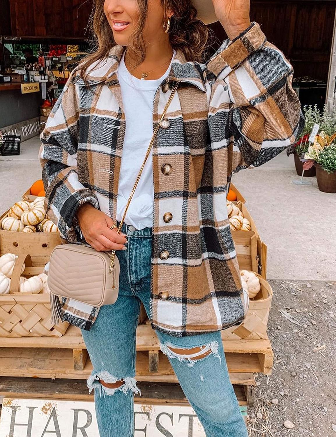 Yeokou Women's Plaid Flannel Shacket Oversized Button Down Long Sleeve Shirt Jacket Casual Spring Fall Outfits