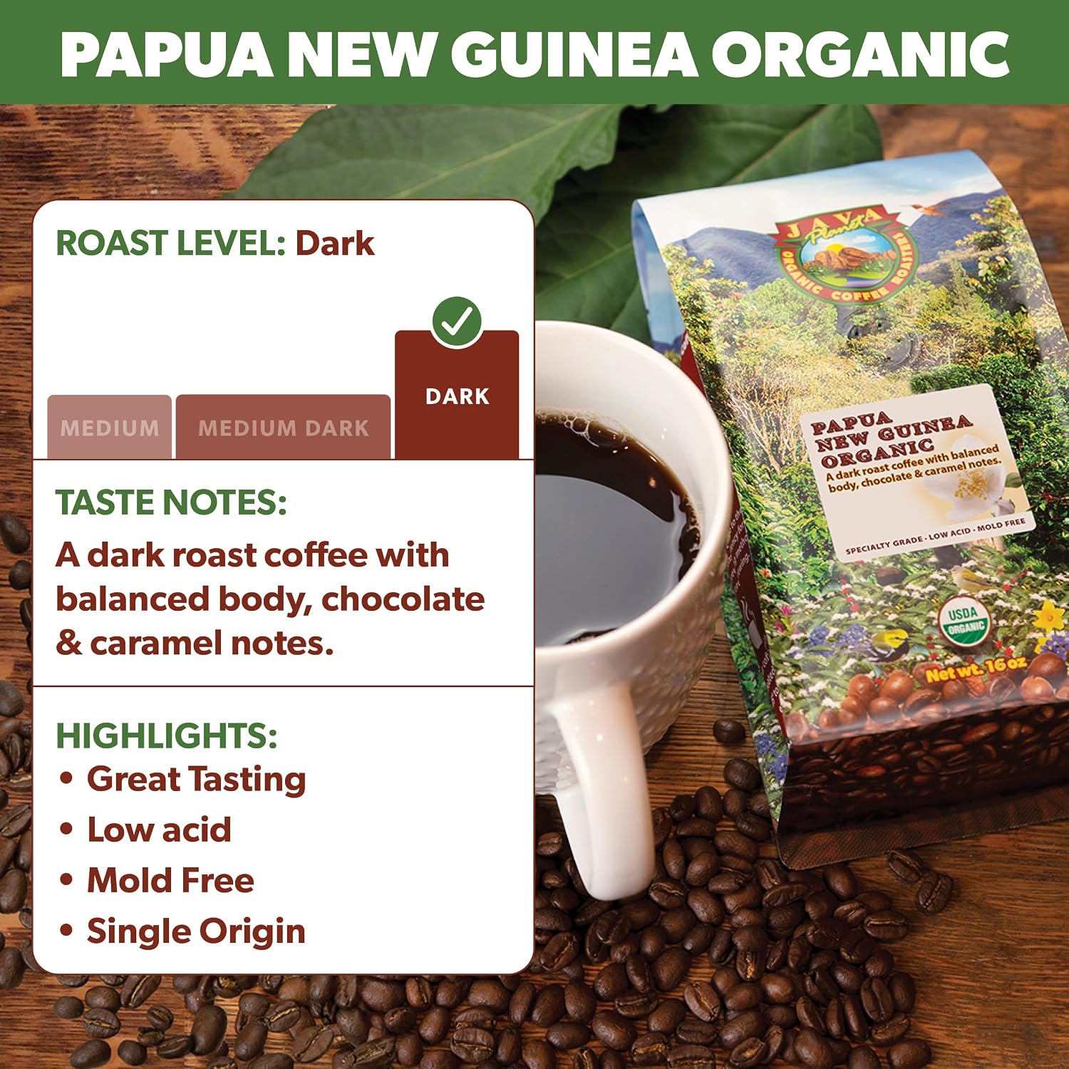 Java Planet Low Acid Organic Espresso Beans, Dark Roast Coffee Beans, 16 oz