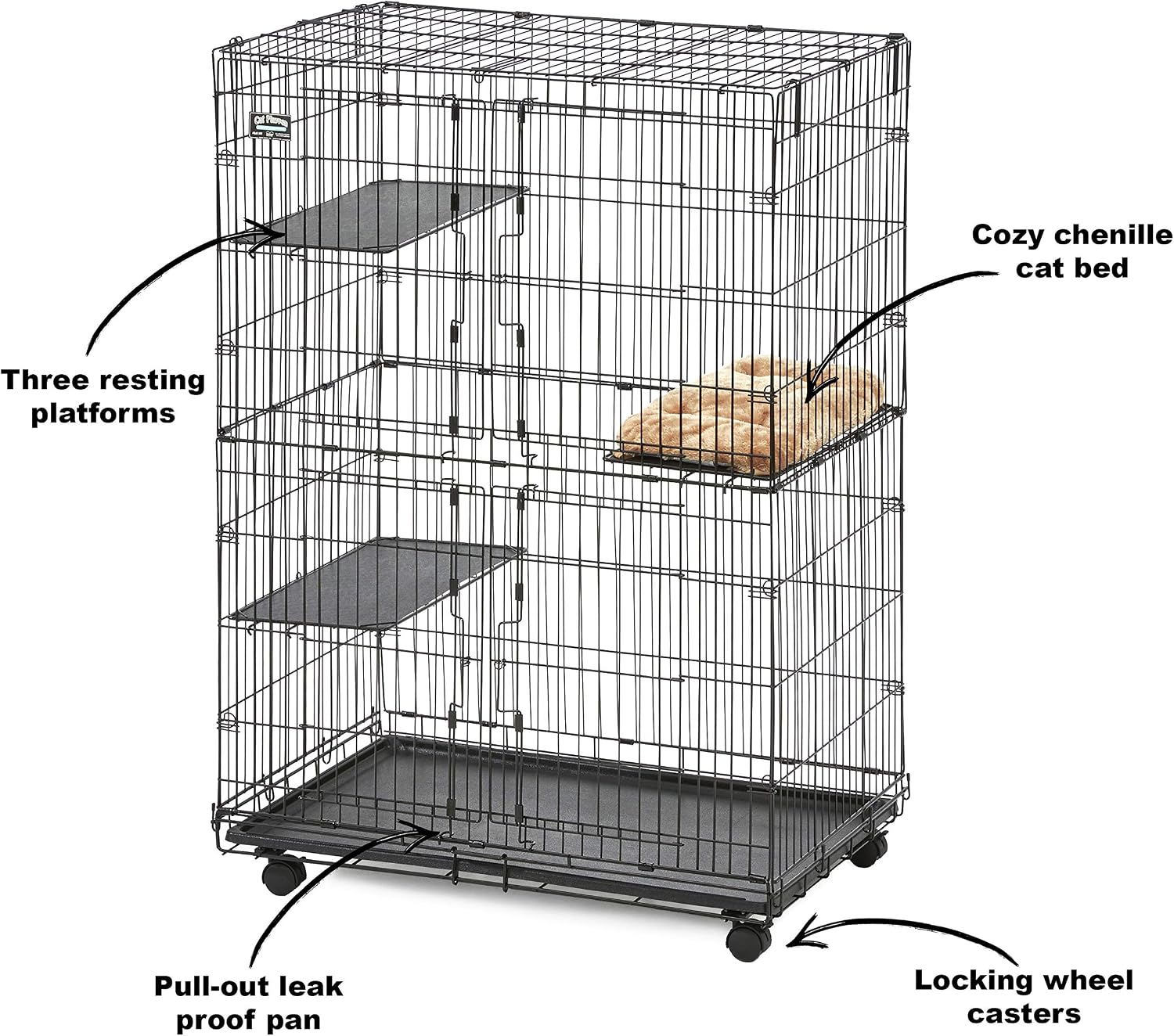 MidWest Homes for Pets Folding Metal Indoor Cat Playpen, Cage Includes Locking Wheels, 3 Platforms, Removable Tray, Plush Bed, Suited for 1-3 Cats
