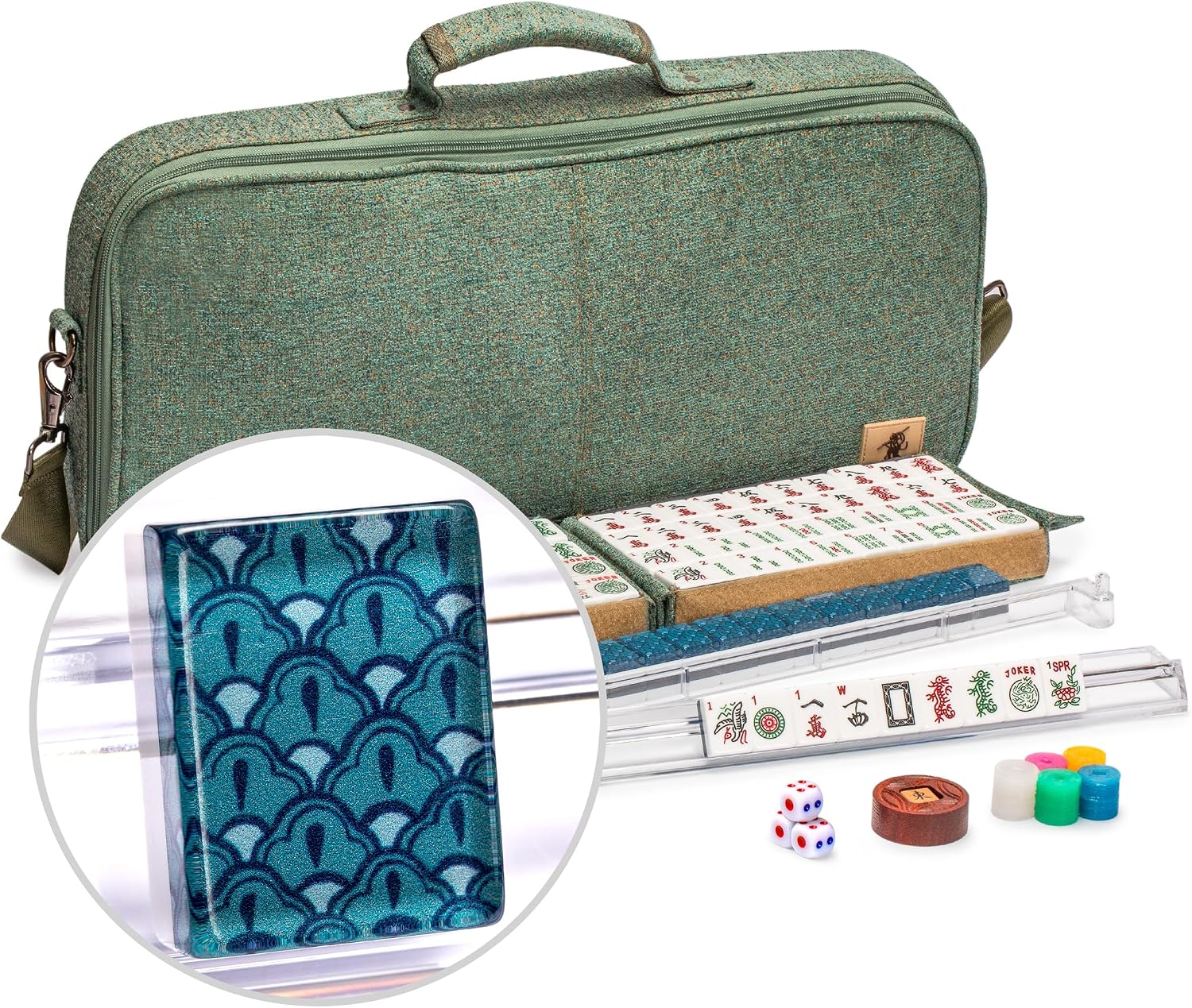 Yellow Mountain Imports American Mahjong Set, Chinoise with Soft Leatherette Case - Racks with Pushers, Scoring Coins, Dice, and Wind Indicator