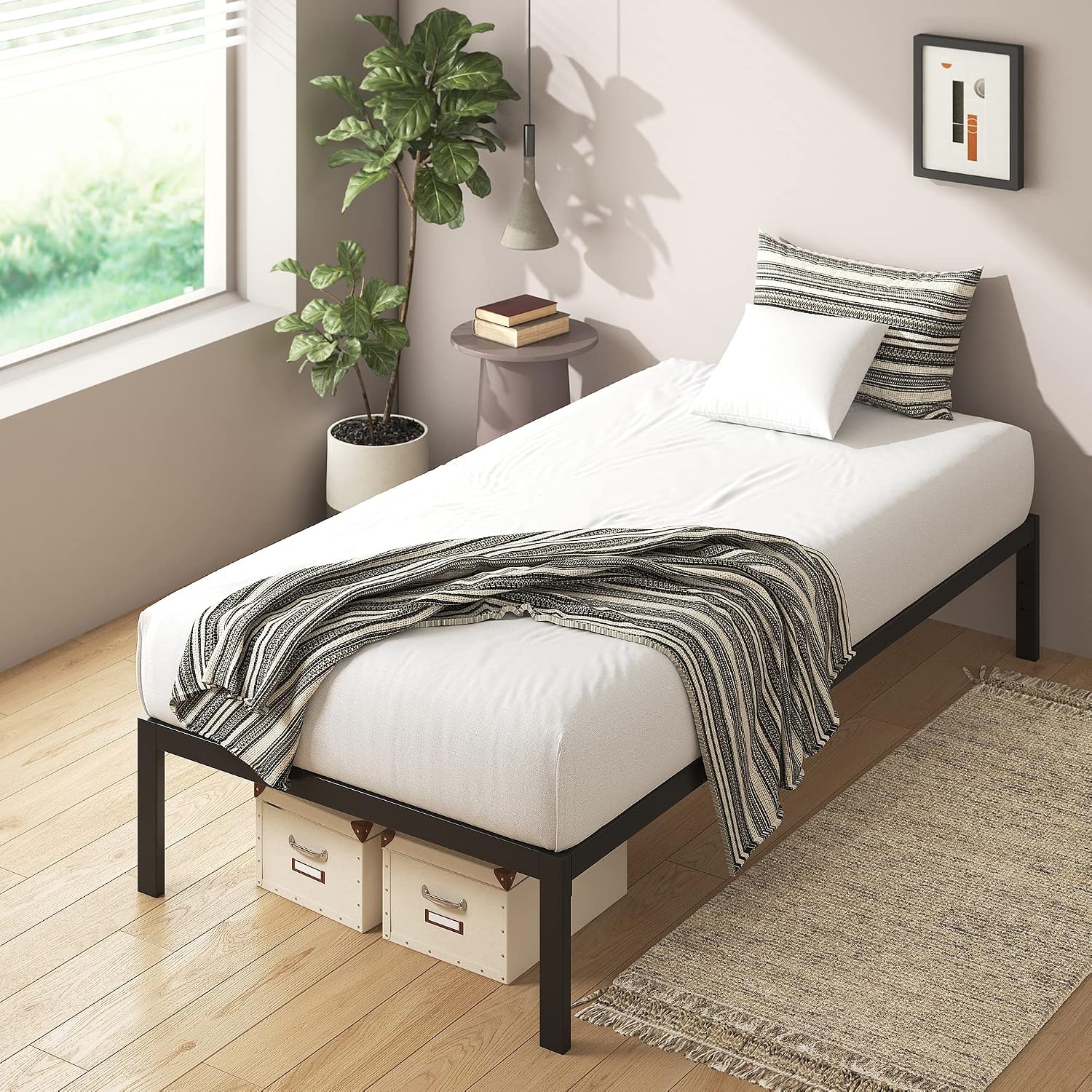 ZINUS Mia Metal Platform Bed Frame with Headboard, Wood Slat Support, No Box Spring Needed, Easy Assembly, Queen