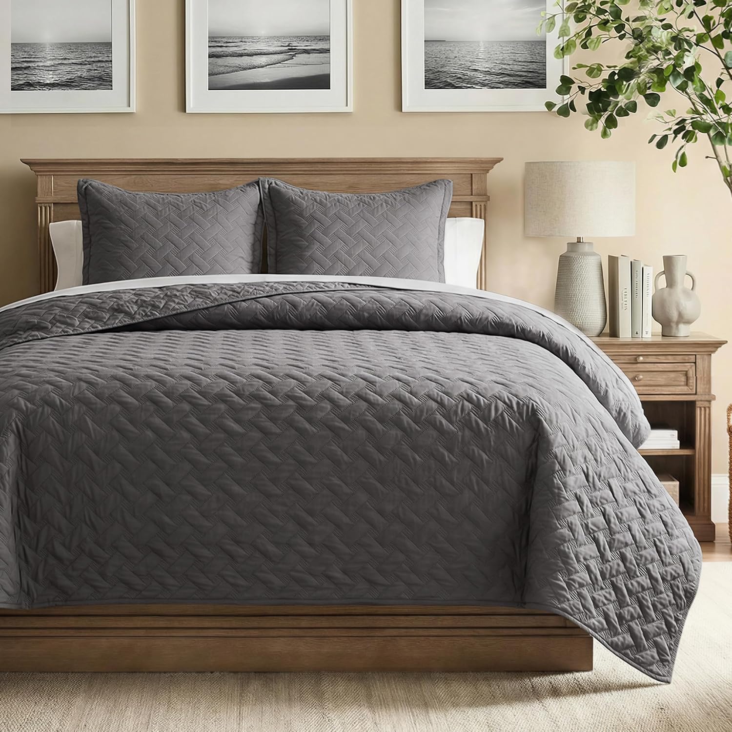 Bedsure Quilts Queen Size - Grey Bedspreads Queen Size with Basket Weave Pattern, Soft Quilt Bedding Set, Lightweight Comforter Set Coverlet for All Seasons with 2 Pillow Shams (90" x 96")