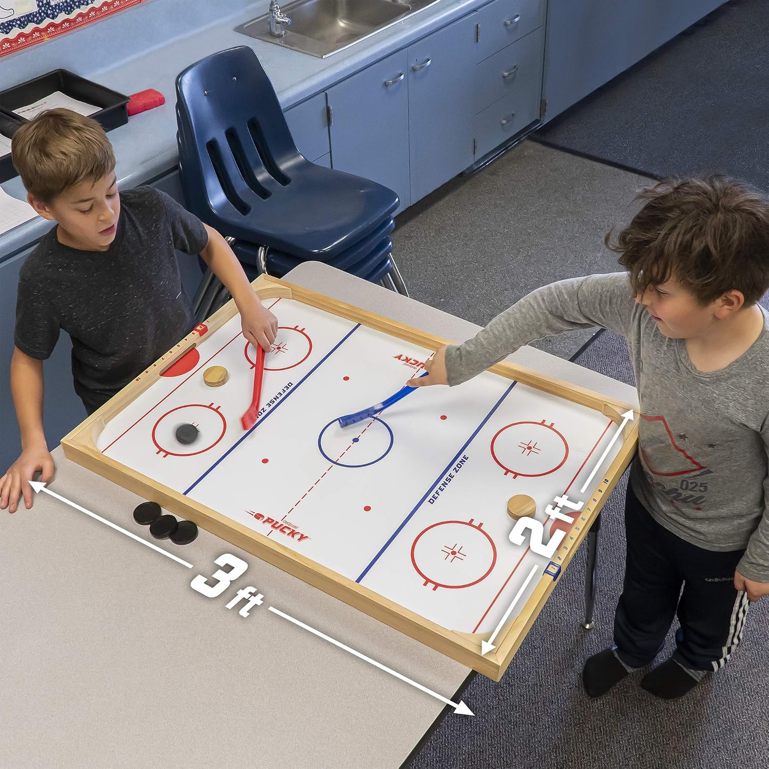 GoSports Hockey Ice Pucky Wooden Table Top Hockey Game for Kids & Adults - Includes 1 Game Board, 2 Hockey Sticks & 3 Pucks